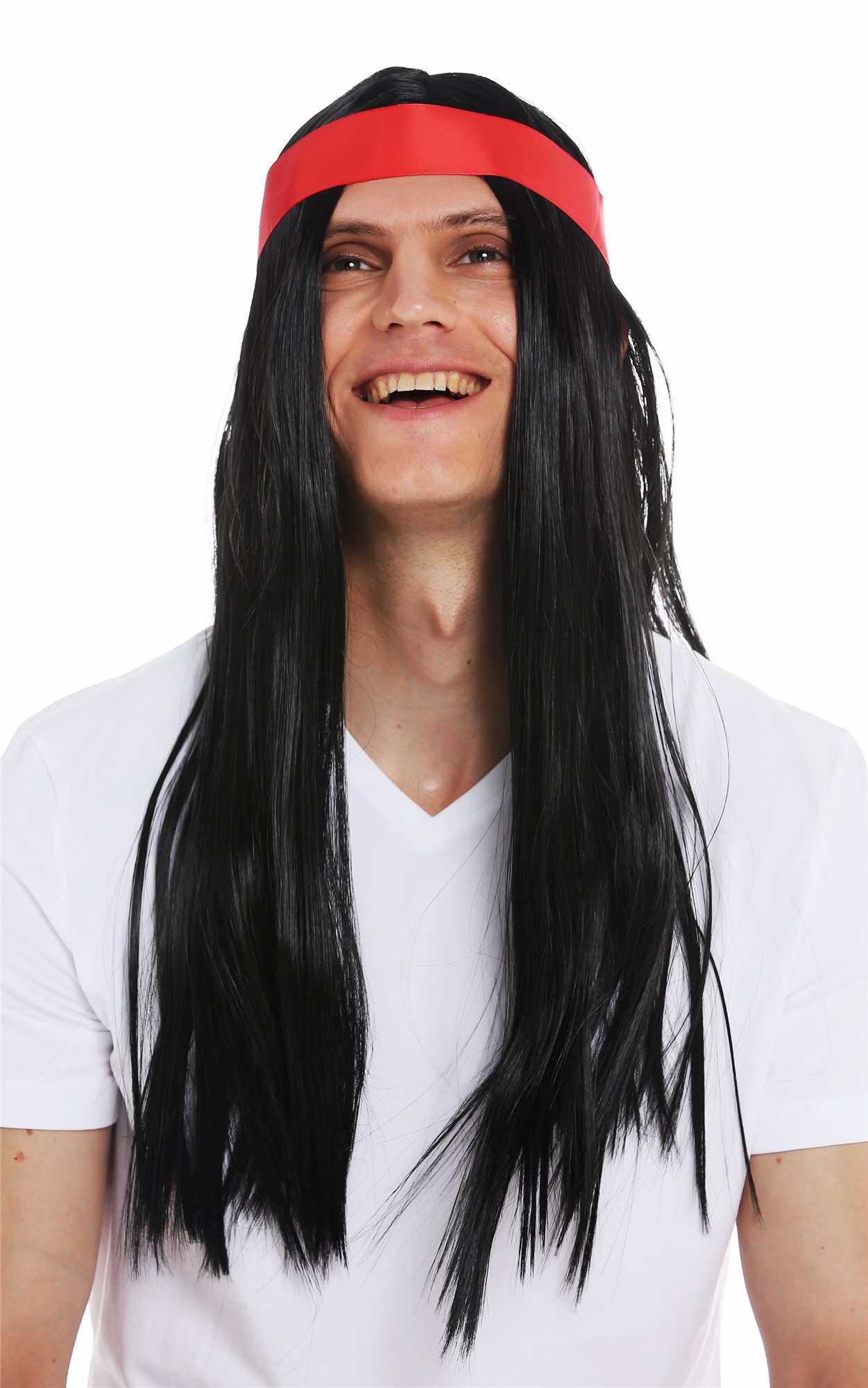 Wig men women 70's Native American black sleek middle parting head band 7093, view 2, WIG ME UP: Your Perücken Online Shop Party Wig, Unisex, pitch black, straight, long