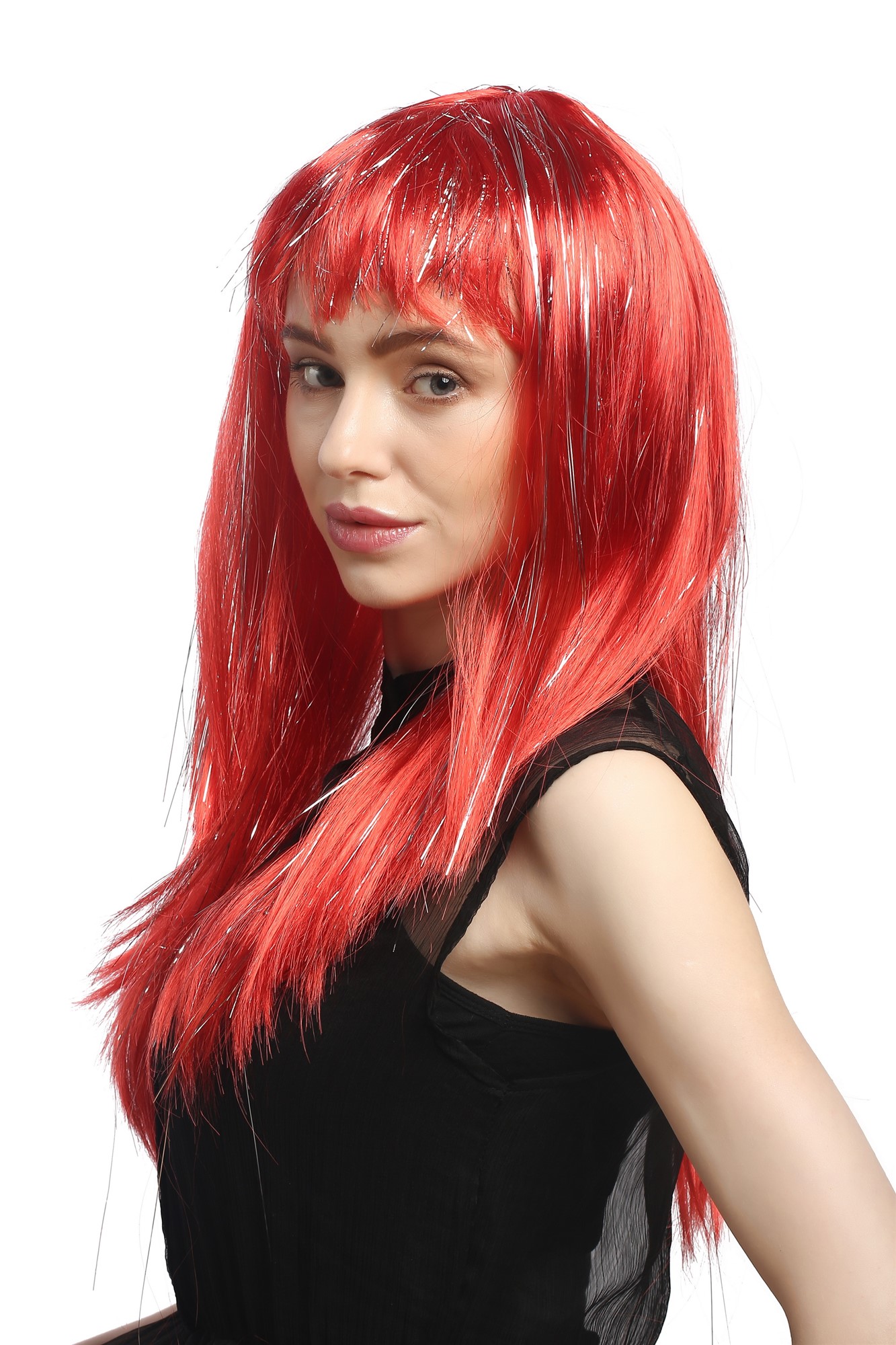 XR-003-PC13 Lady Party Wig Halloween long straight bangs streaked with silver tinsel strands red, view 3, WIG ME UP: Your Perücken Online Shop Party Wig, Ladies, bright red, straight, long