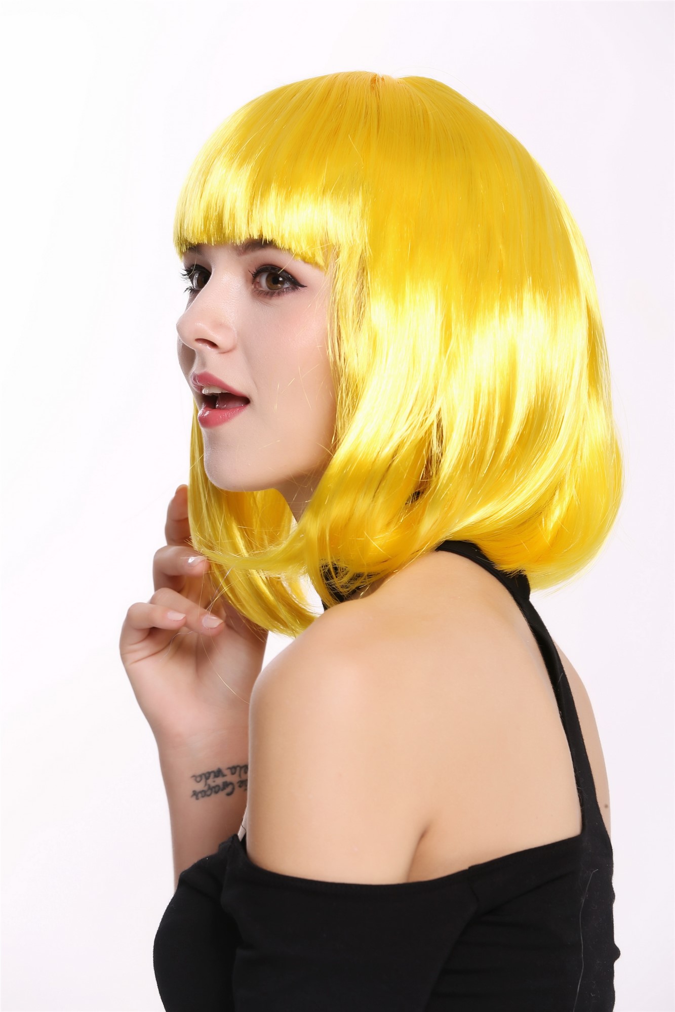 Lady Wig Halloween Carnival Disco bob longbob shoulder length bangs yellow 0073, view 2, WIG ME UP: Your Perücken Online Shop Party Wig, Ladies, Yellow, straight, shoulder-length