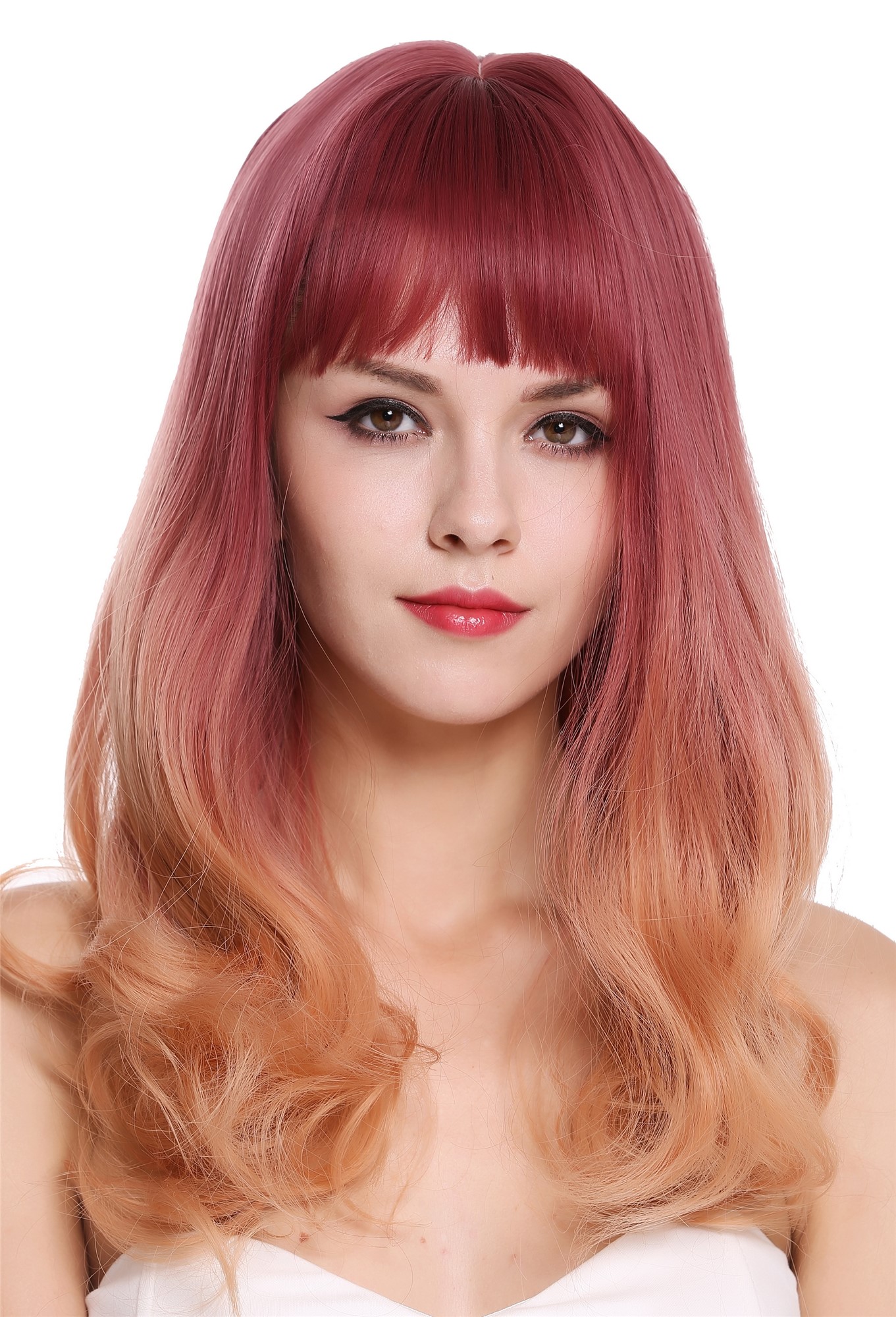 Lady wig long fringe sleek curly hair tips Balayage purple orange blonde MS1733, front view, WIG ME UP: Your Perücken Online Shop Quality Wigs, Ladies, quartz violet-orange red mix, curled, long