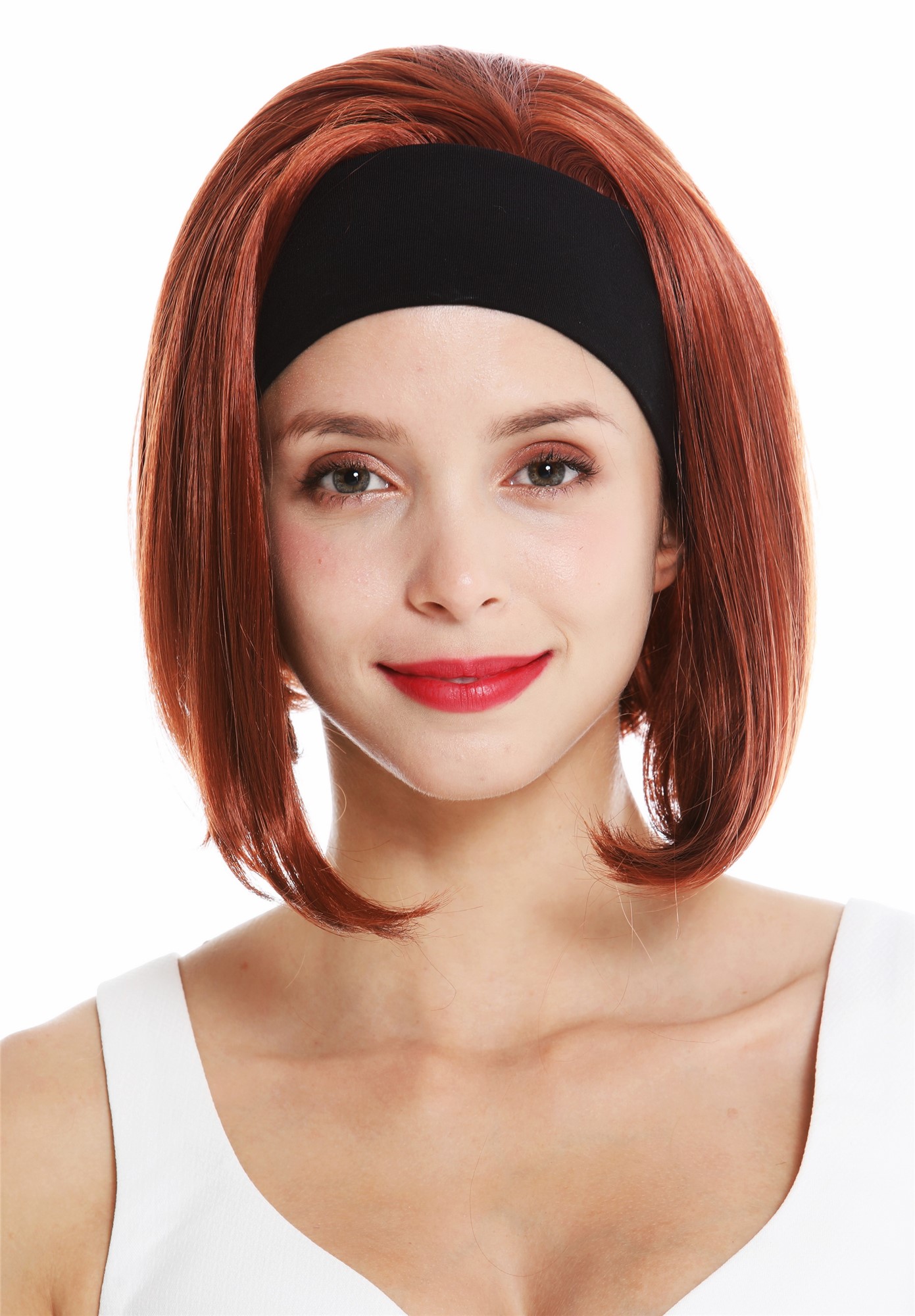 hochwertige Qualitätsperücken, Perücke Kurz Stirnband Retro Kupfer Rot GFW948-H-130, Ansicht 2, WIG ME UP: Ihr Perücken Online Shop glatte Tressen-Perücke mit Gummizug und Stirnband Kupferrot kurze Haare für Damen