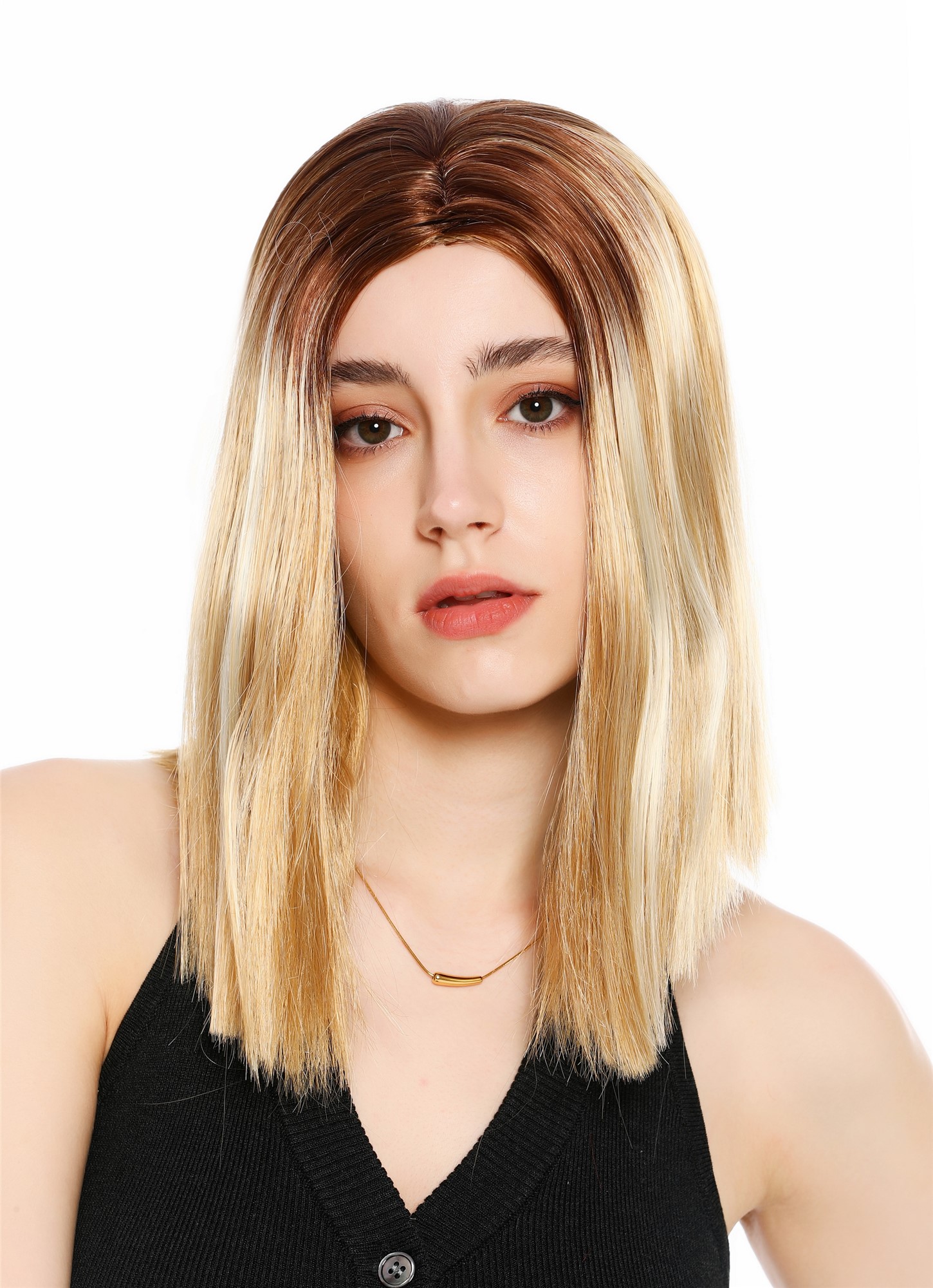 Perücke Damen schulterlang Longbob glatt Mittelscheitelt Ombre Balayage Highlights Braun Blond GFW4029S-124H613+33