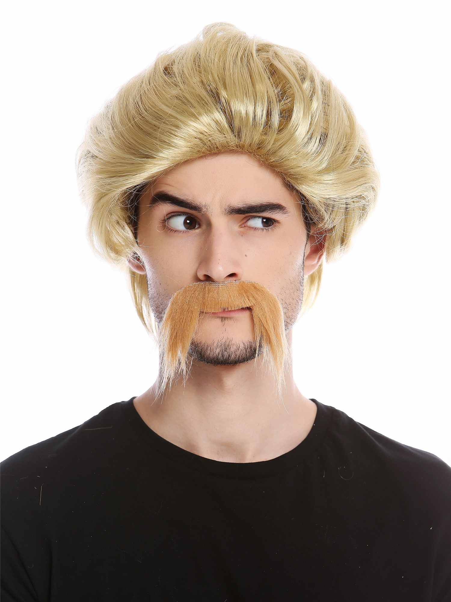 Wig & long Mustache Set Men Gaul Hun 70s Cop Detective Pimp blonde 0026, front view, WIG ME UP: Your Perücken Online Shop Party Wig, Men, Blonde, wavy, short