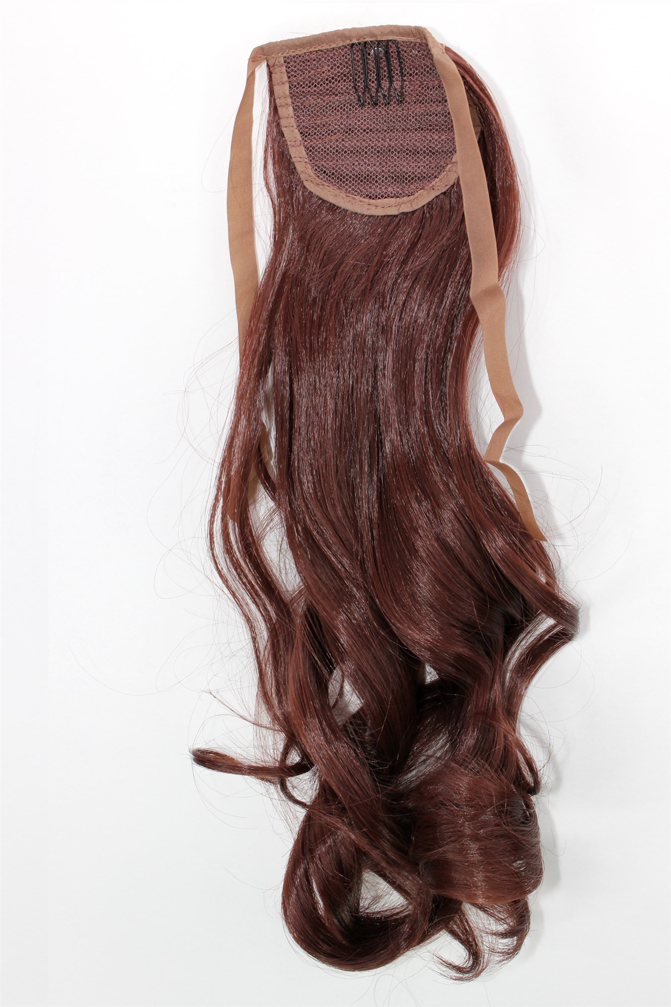hochwertiges Haarteil Kastanien-Braun wellig Bändchen + Klammer Befestigung YZF-TC18-33, Ansicht 2, WIG ME UP: Ihr Perücken Online Shop welliges Zopf-Haarteil Kastanienbraun 45 cm lang