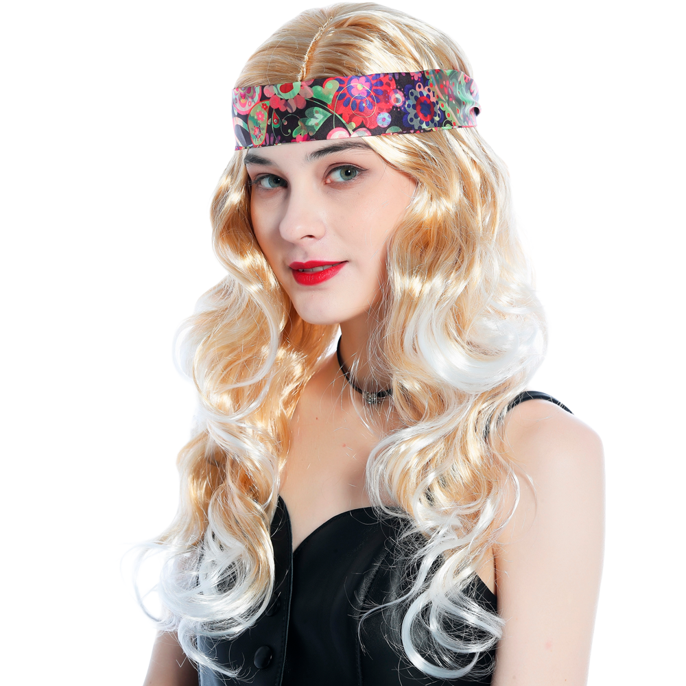 Kategorie-Bild für Hippie Perücken Hellblonde Perücke mit langen welligen Haaren, einem Mittelscheitel, weißblonden Spitzen und einem schwarzem, breiten Stirnband mit buntem Blumenmuster darauf