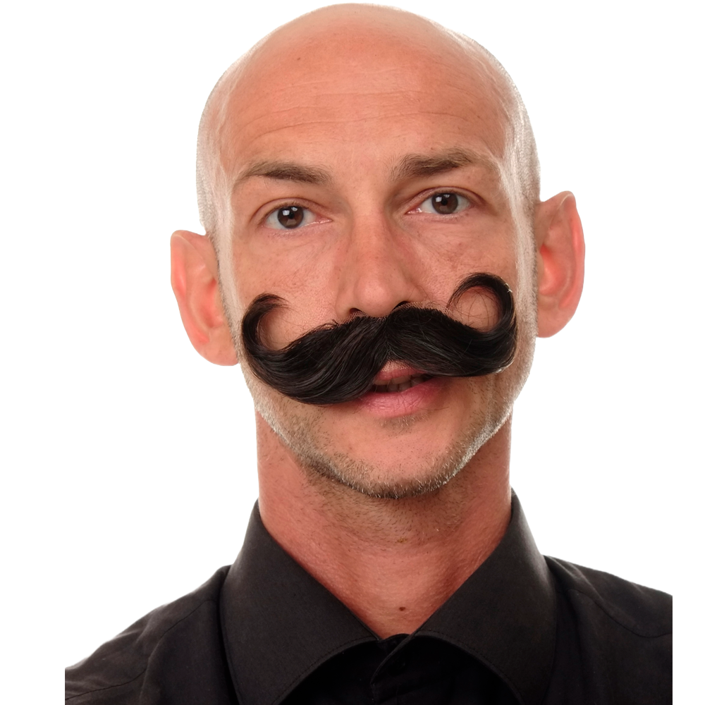 Kategoriebild für Bärte und Perücken mit Bärten Glatzköpfiger Mann mit großem Schnäutzer