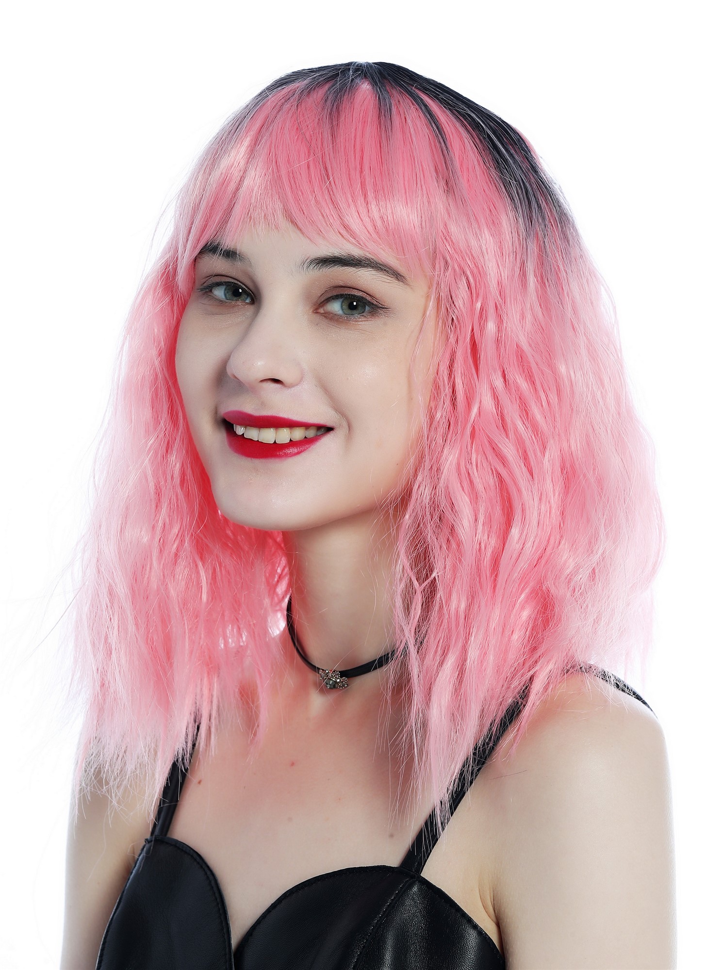 Women's Wig shoulder-length wavy frizzy kinks fringe ombre black pink ZM-1002, front view, WIG ME UP: Your Perücken Online Shop Quality Wigs, Ladies, black-pink gradient, wavy, shoulder-length
