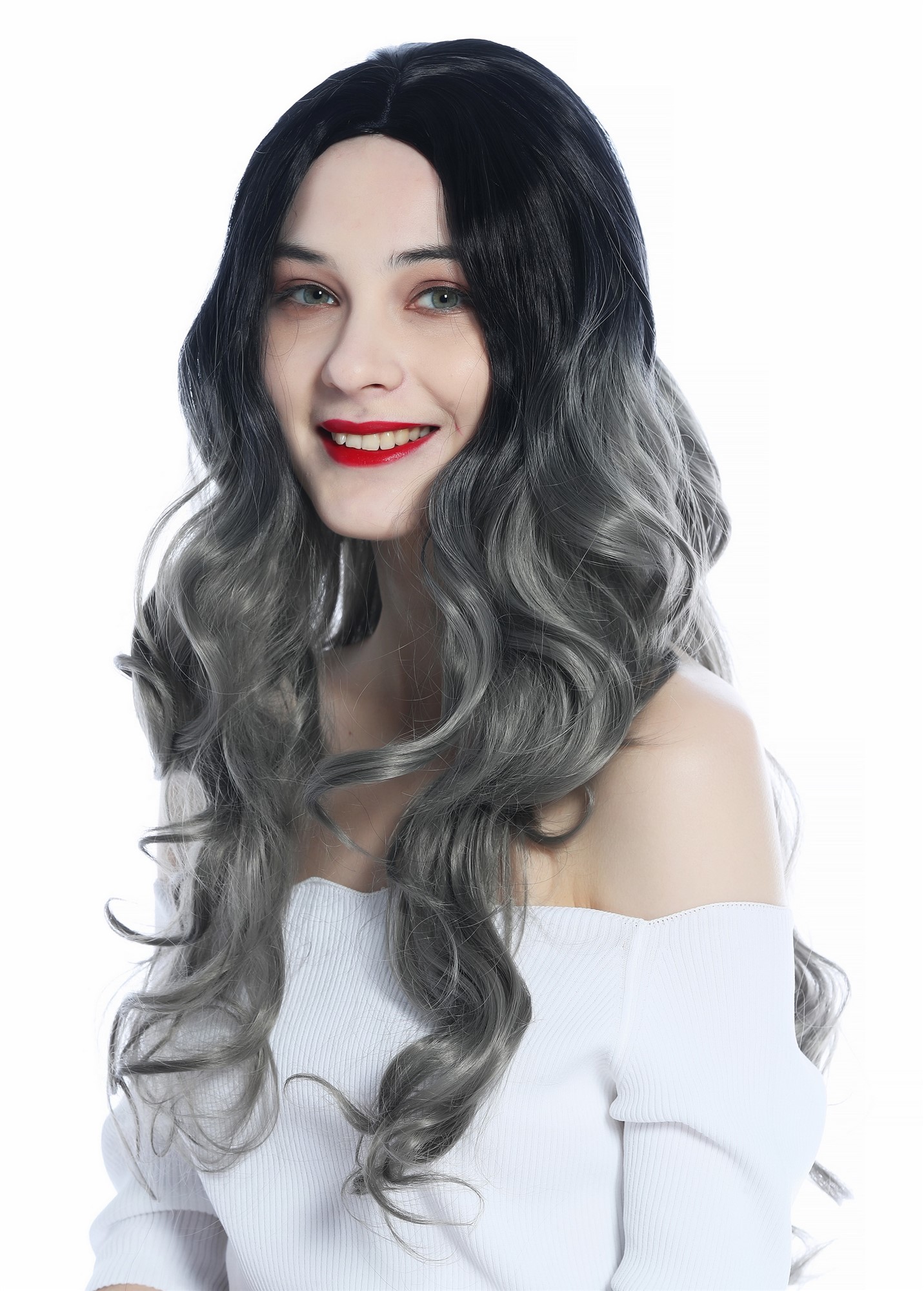 Ladies' Wig very long slightly curled middle-parting ombre black to grey ZM-1029, front view, WIG ME UP: Your Perücken Online Shop Quality Wigs, Ladies, black-gray gradient, curled, long