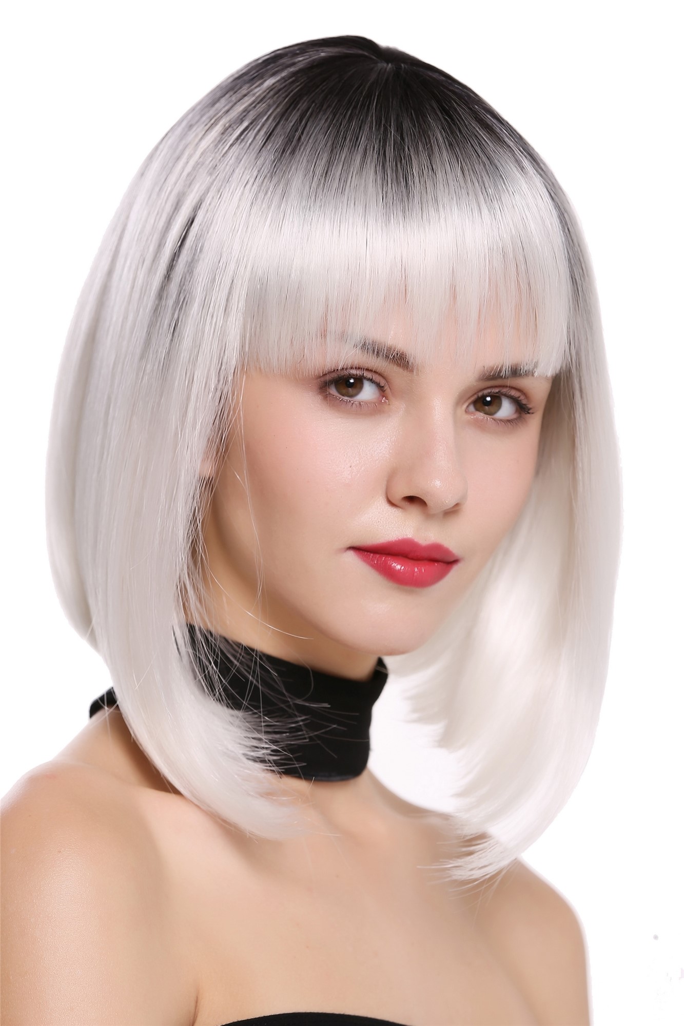 Lady wig Bob Longbob short sleek straight fringe bangs ombre black white DW2140Q, view 2, WIG ME UP: Your Perücken Online Shop Quality Wigs, Ladies, deep black and flower white mix, straight, short