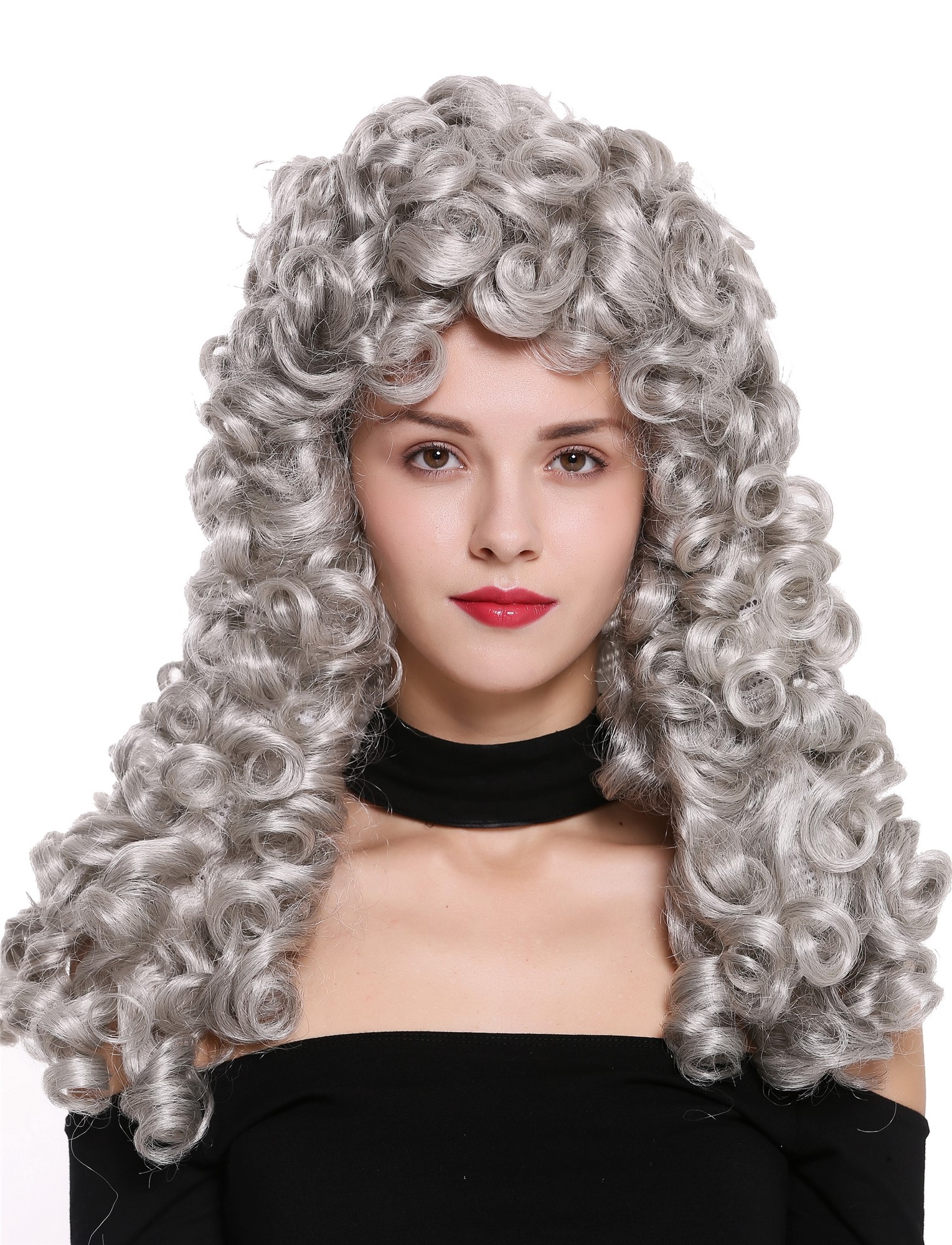 hochwertige Qualitätsperücken, Perücke Lang Locken Barock Renaissance Edelmann Silber Grau B17-2P-B-51, Vorderansicht, WIG ME UP: Ihr Perücken Online Shop lockige Tressen-Perücke mit Gummizug Silbergrau mit geringem Schwarzanteil lange Haare für Herren