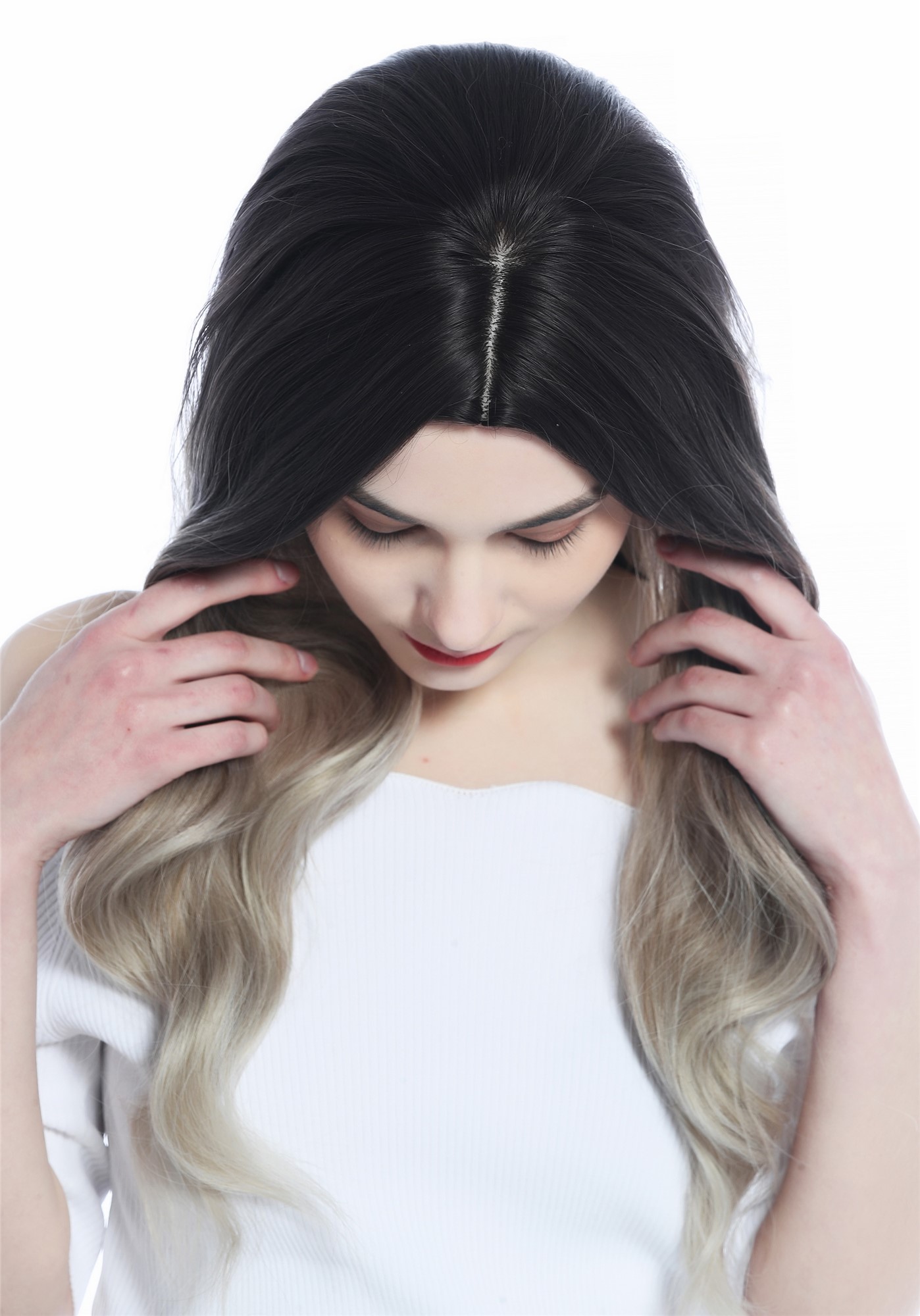 hochwertige Qualitätsperücken, Perücke lang wellig Ombre Braun Blond Balayage Highlights LC179-5-R10T85/88A, Ansicht 3, WIG ME UP: Ihr Perücken Online Shop wellige Tressen-Perücke mit Kopfhaut-Imitat Mittelbraun-Vanilleblond-Verlauf lange Haare für Damen