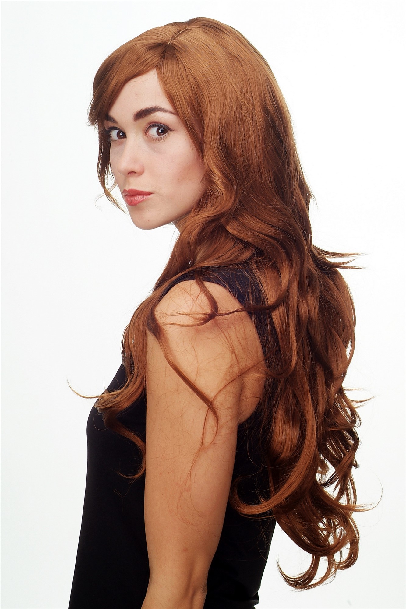 hochwertige Qualitätsperücken, Perücke lang wallendes Haar wellig leicht lockig Kupferbraun Braun 9204S-30, Ansicht 2, WIG ME UP: Ihr Perücken Online Shop lockige Tressen-Perücke mit Kopfhaut-Imitat Kupferbraun lange Haare für Damen