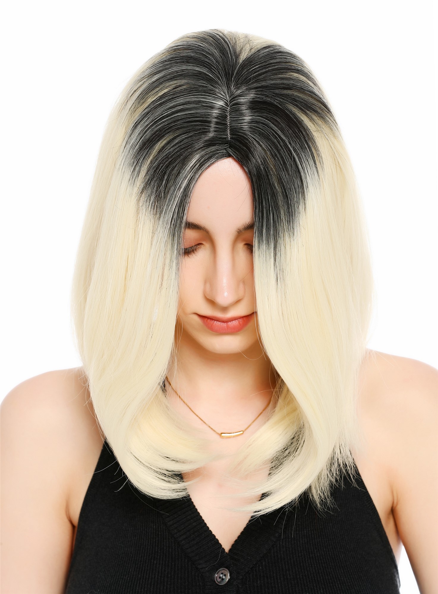 Perücke Damen Mittelscheitel schulterlang glatt Ombre Schwarz Hellblond GFW3977-88+4