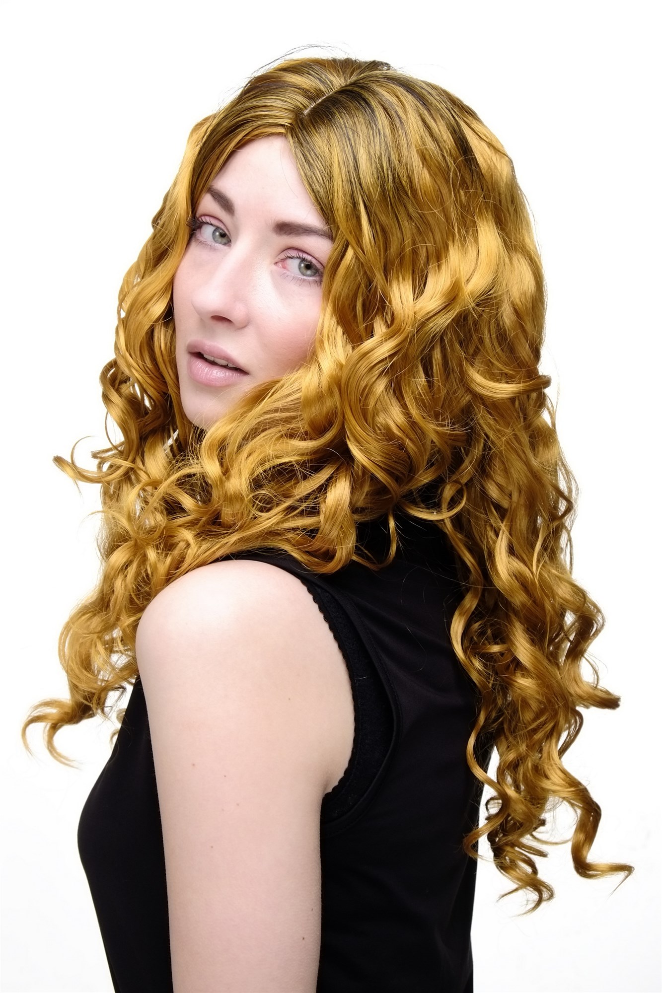 Quality Wigs, Ladies, Black + Gold-Bronze, curled, long