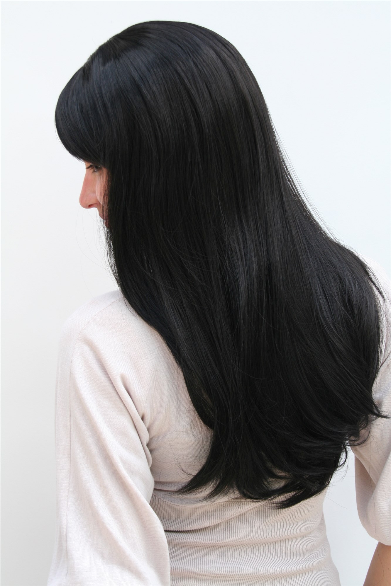 Lady women wig raven black fringe parted to side straight long Gothic 3115, view 3, WIG ME UP: Your Perücken Online Shop Quality Wigs, Ladies, black-brown, straight, long