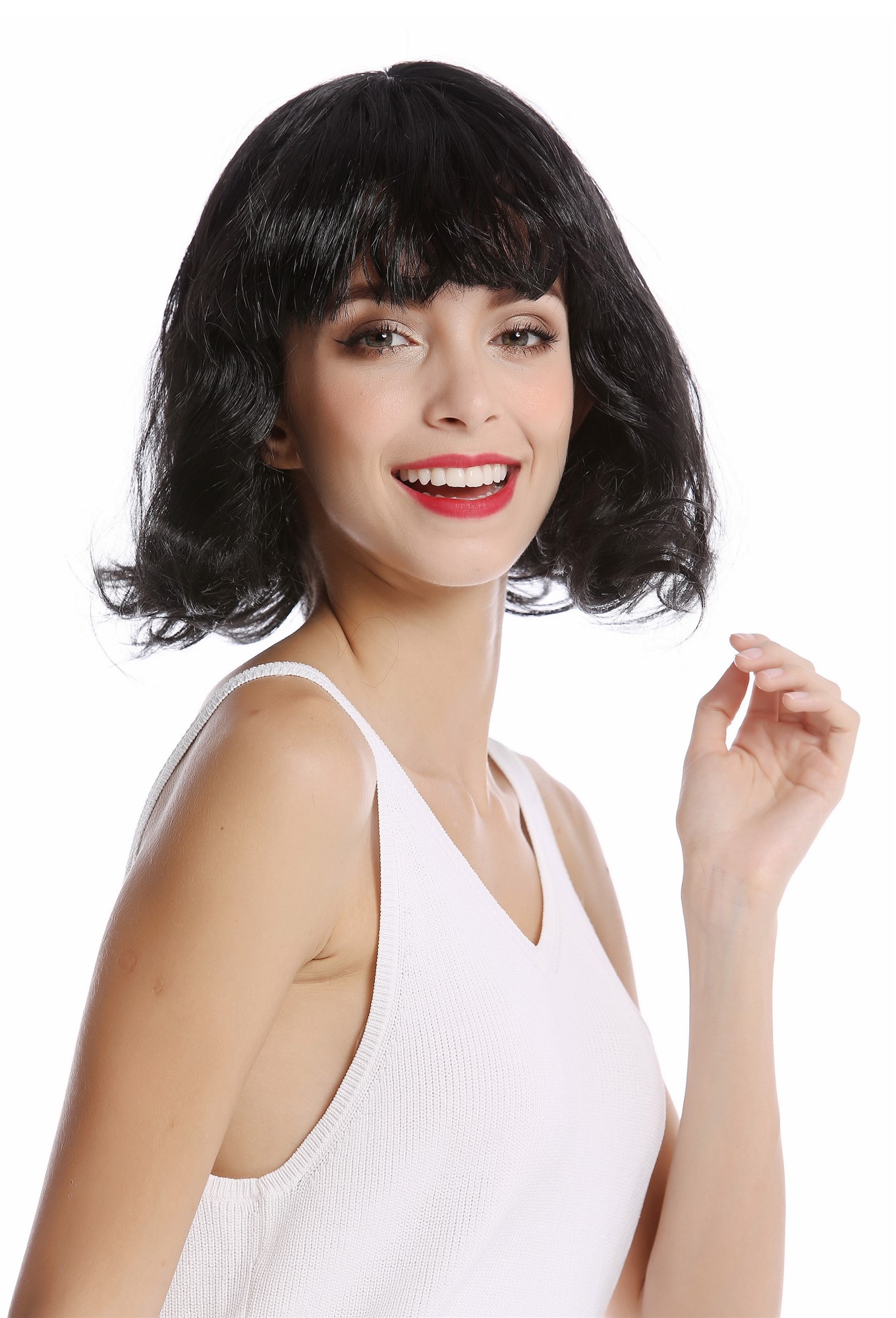 Wig Lady Women Halloween short Longbob Bob black curving tips bangs fringe 90793, view 2, WIG ME UP: Your Perücken Online Shop Party Wig, Ladies, Black, wavy, short