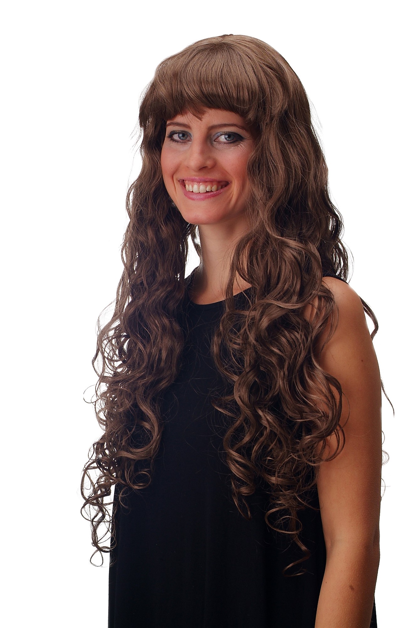 Lady wig very long wavy slightly curled fringe bangs light brown brunette 33002A, front view, WIG ME UP: Your Perücken Online Shop Quality Wigs, Ladies, Dark golden brown, curled, very long