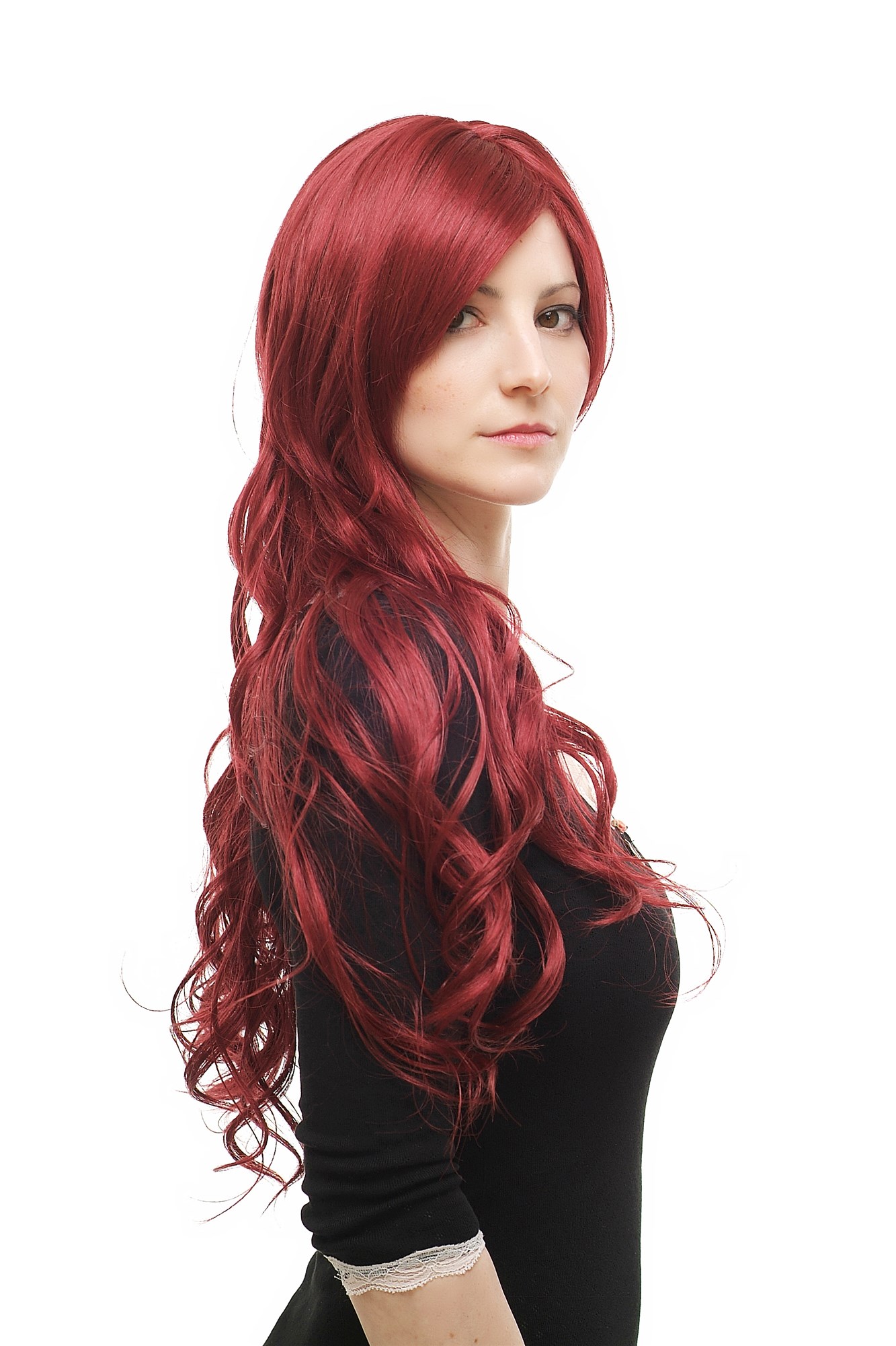 hochwertige Qualitätsperücken, Perücke lange Haare Scheitel aubergine-rot wet-look 9321L-39, Ansicht 2, WIG ME UP: Ihr Perücken Online Shop lockige Tressen-Perücke mit Kopfhaut-Imitat Rot sehr lange Haare für Damen