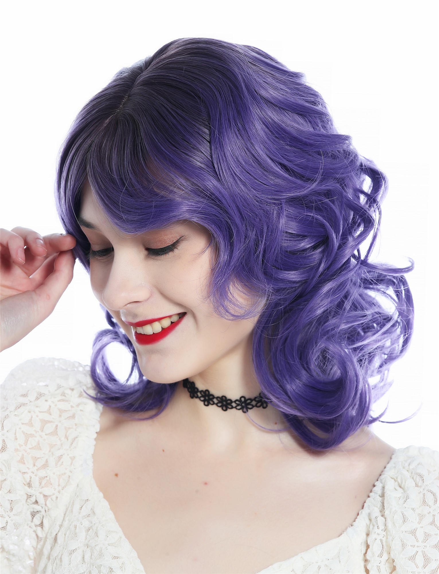 hochwertige Qualitätsperücken, Perücke schulterlang Locken Ombre Dunkelbraun Lila SZL0672-T-009, Vorderansicht, WIG ME UP: Ihr Perücken Online Shop lockige Tressen-Perücke mit Kopfhaut-Imitat Dunkelbraun-Lila-Verlauf schulterlange Haare für Damen