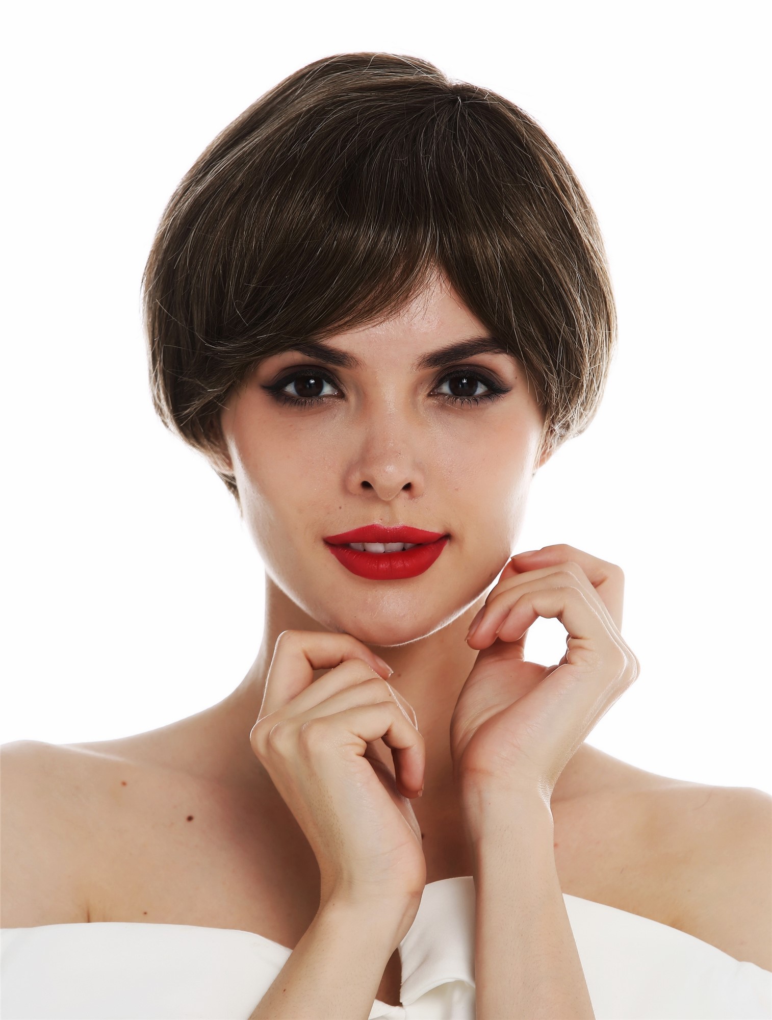 hochwertige Qualitätsperücken, Perücke Monofilament kurz glatt Braun Blond gesträhnt CST-MT-12/26, Vorderansicht, WIG ME UP: Ihr Perücken Online Shop glatte Tressen-Perücke mit Teil-Mono Scheitel Braun-Blond-Mix kurze Haare für Unisex