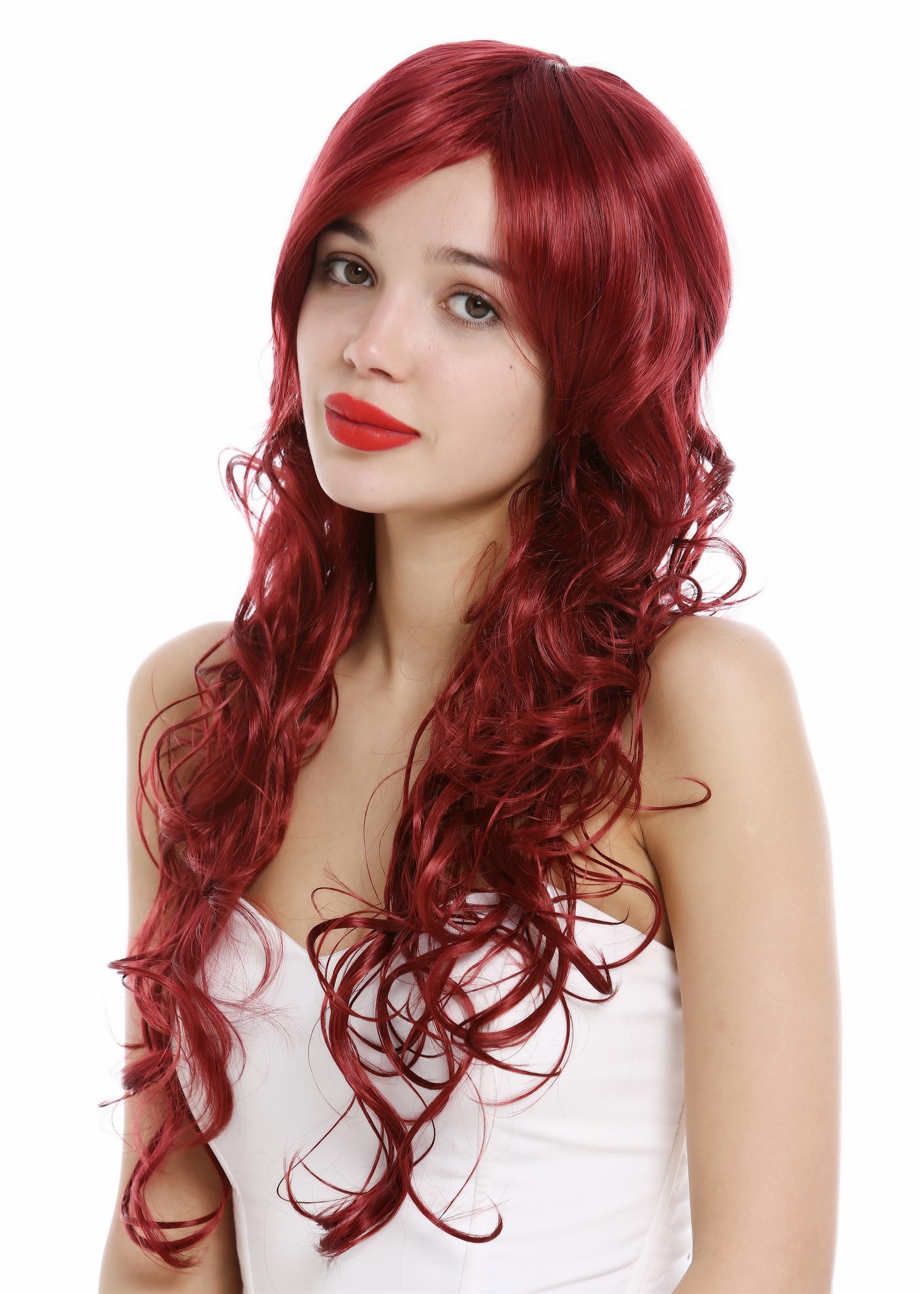 hochwertige Qualitätsperücken, Perücke lang gelockt Rot Granatrot VK-47-872, Ansicht 2, WIG ME UP: Ihr Perücken Online Shop lockige Tressen-Perücke mit Kopfhaut-Imitat Granatrot lange Haare für Damen