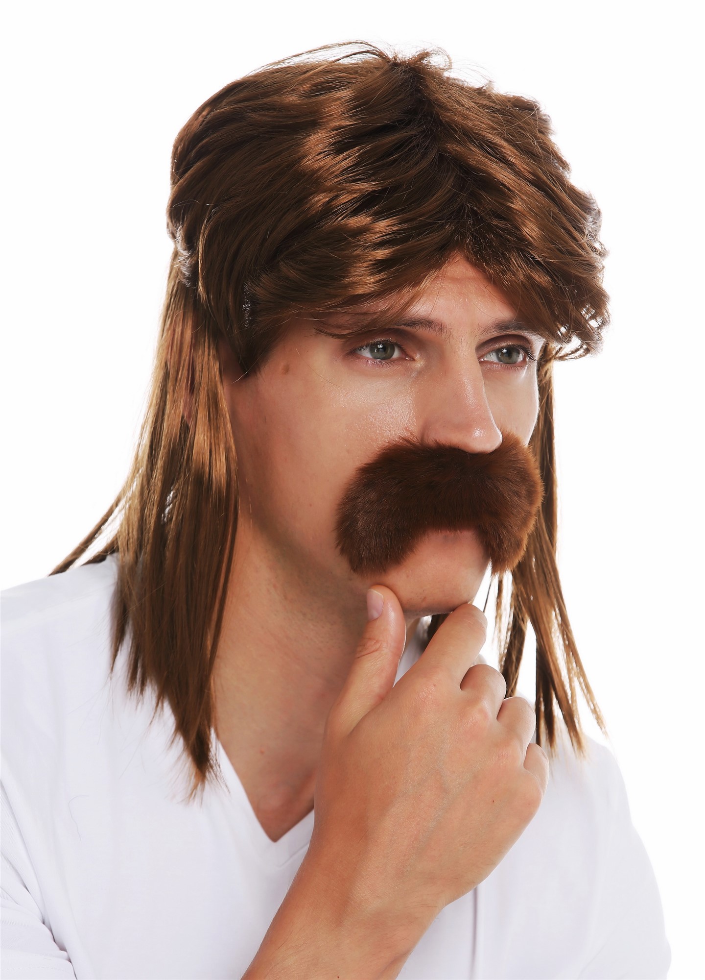 günstige Party Perücke, Perücke Bart Vokuhila Proll 80er Braun SARL062-P6, Vorderansicht, WIG ME UP: Ihr Perücken Online Shop glatte Party Perücke Goldbraun schulterlange Haare für Herren