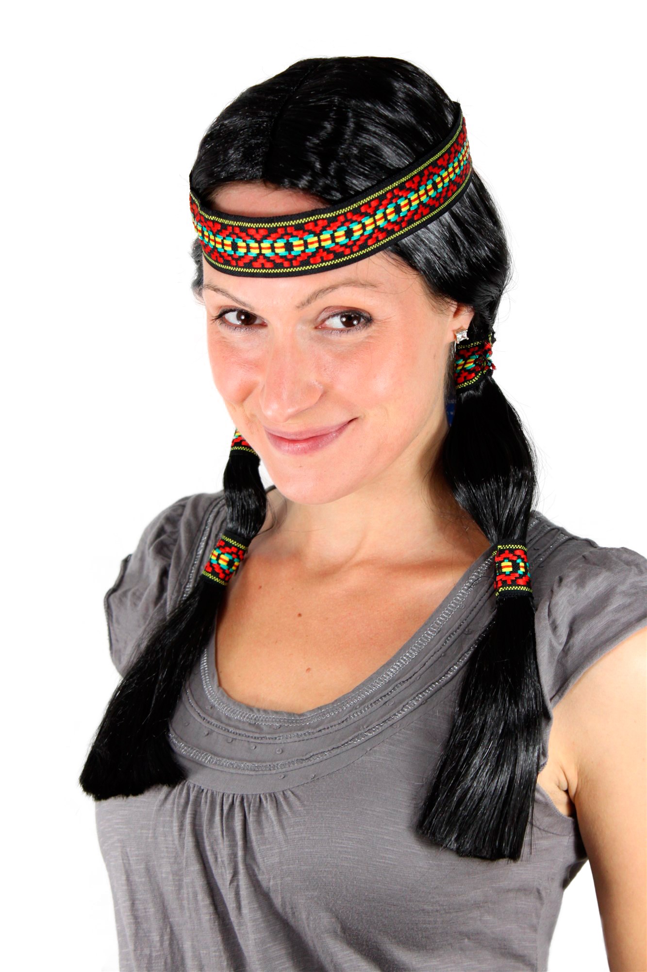 Lady wig headband & braids black Indian woman Native American woman LM3043, front view, WIG ME UP: Your Perücken Online Shop Party Wig, Ladies, Black, straight, shoulder-length