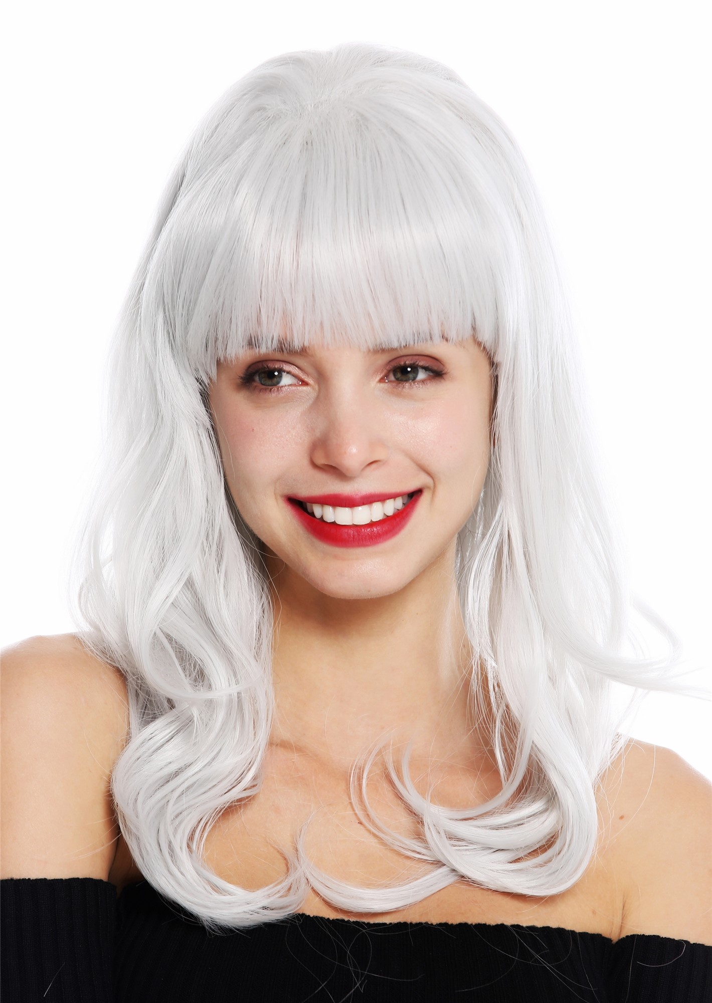 hochwertige Qualitätsperücken, Perücke lang wellig Pony helles Grau GFW3129-silvergray, Vorderansicht, WIG ME UP: Ihr Perücken Online Shop wellige Tressen-Perücke Hellgrau lange Haare für Damen