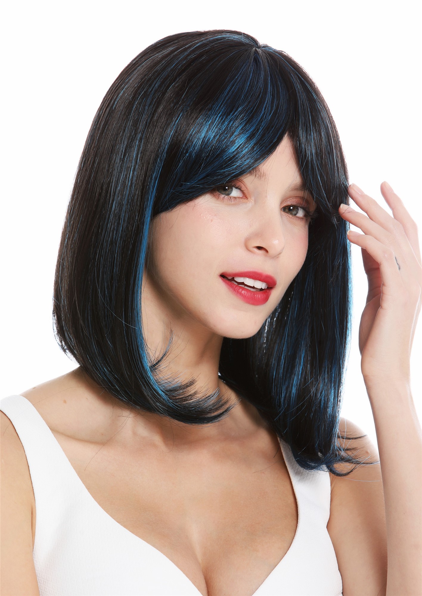 hochwertige Qualitätsperücken, Perücke schulterlang Longbob Balayage schwarz-braun blaue Strähnen VK-3-2HF21, Vorderansicht, WIG ME UP: Ihr Perücken Online Shop glatte Tressen-Perücke mit Kopfhaut-Imitat Schwarz-Blau-Mix schulterlange Haare für Damen