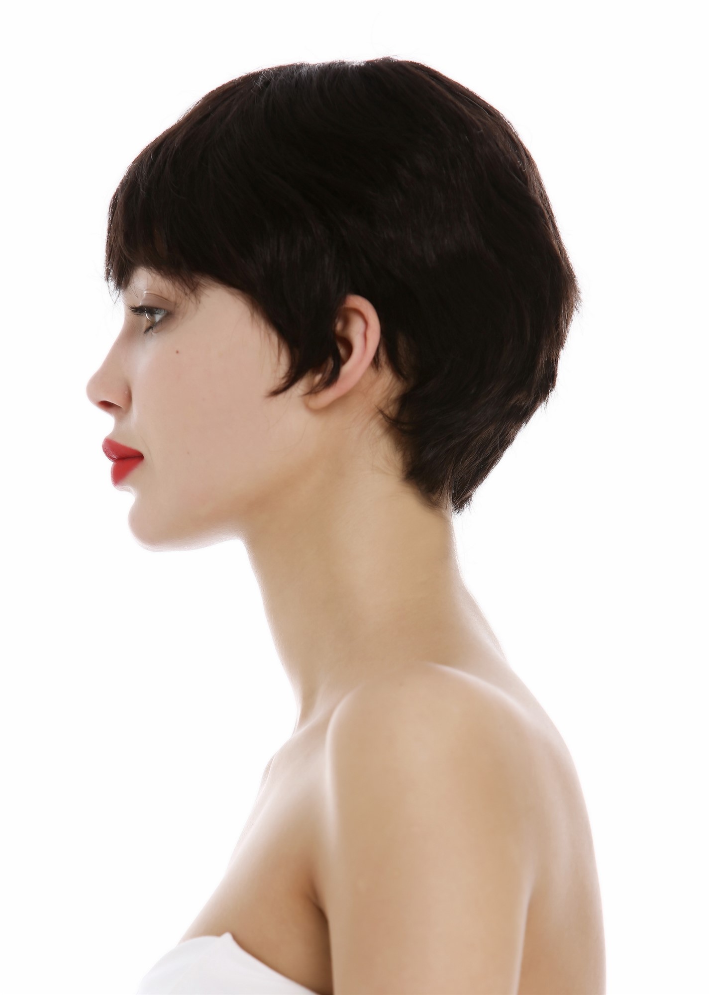hochwertige Qualitätsperücken, Perücke Echthaar Damen Herren kurz Bowl Cut wellig Schwarzbraun DW3107 HH-2, Ansicht 2, WIG ME UP: Ihr Perücken Online Shop glatte Tressen-Perücke Schwarzbraun kurze Haare für Damen