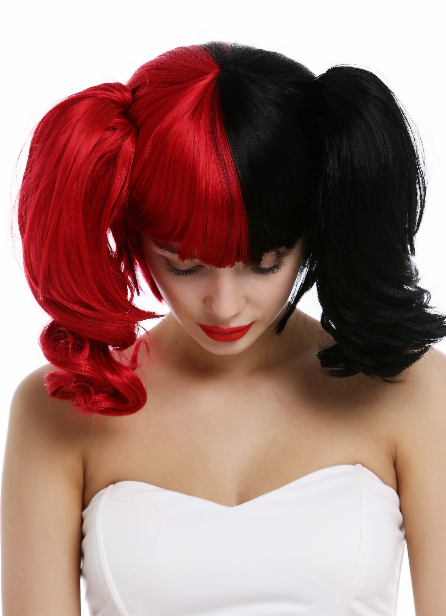 Lady wig set Gothic Lolita Harlequin 2 long wavy pigtails half red back ZM-1189, view 4, WIG ME UP: Your Perücken Online Shop Quality Wigs, Ladies, black-red mix, curled, short