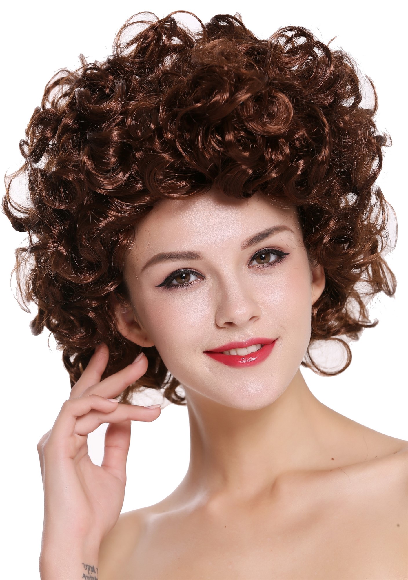 günstige Party Perücke, Perücke Kurz Locken Lockig Mahagoni 80er 91074-ZA33, Vorderansicht, WIG ME UP: Ihr Perücken Online Shop lockige Party Perücke Braun schulterlange Haare für Damen