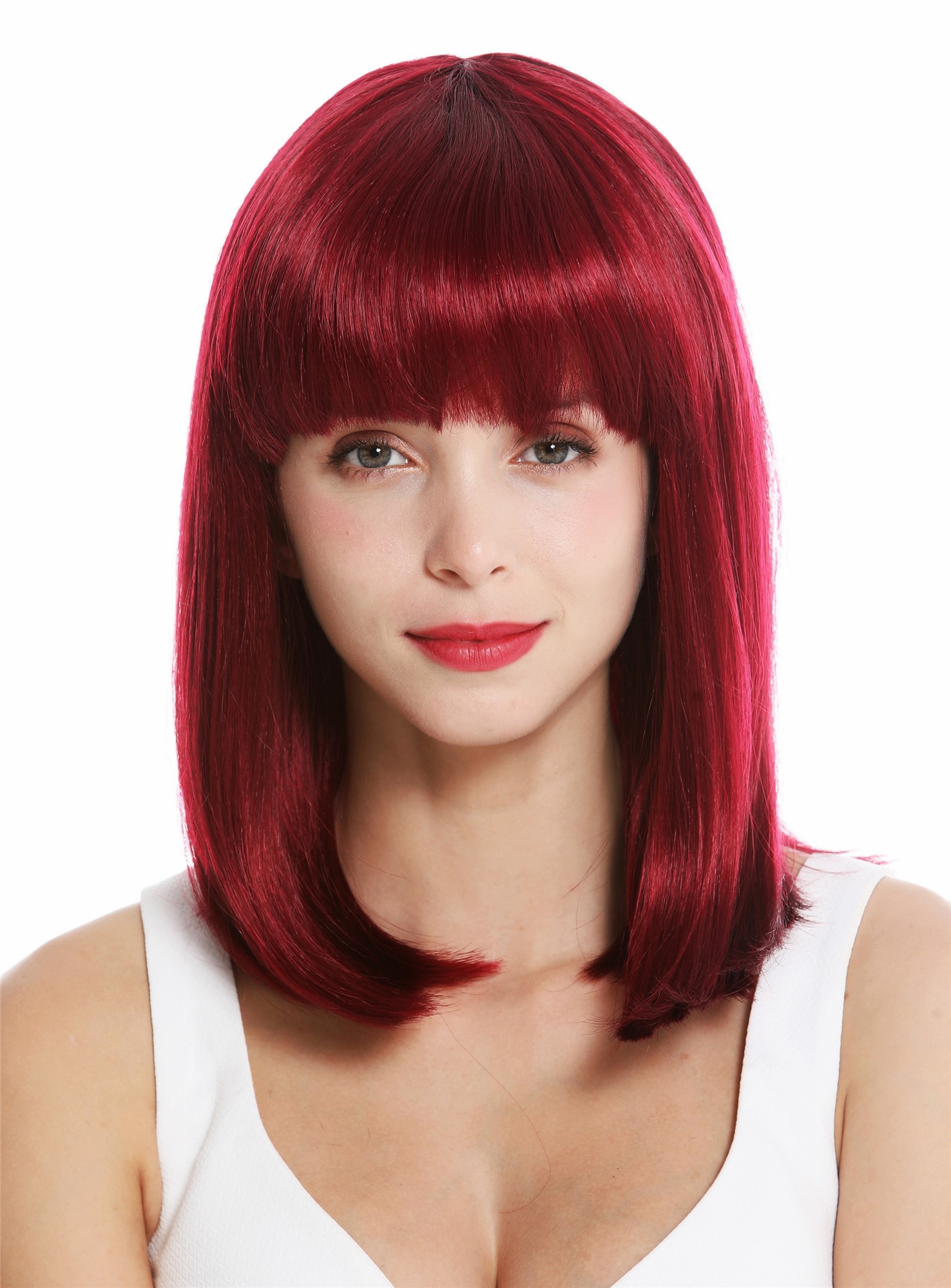 hochwertige Qualitätsperücken, Perücke Longbob schulterlang Pony Rot Violett VK-1-118H99J, Vorderansicht, WIG ME UP: Ihr Perücken Online Shop glatte Tressen-Perücke Rot-Violett-Mix schulterlange Haare für Damen