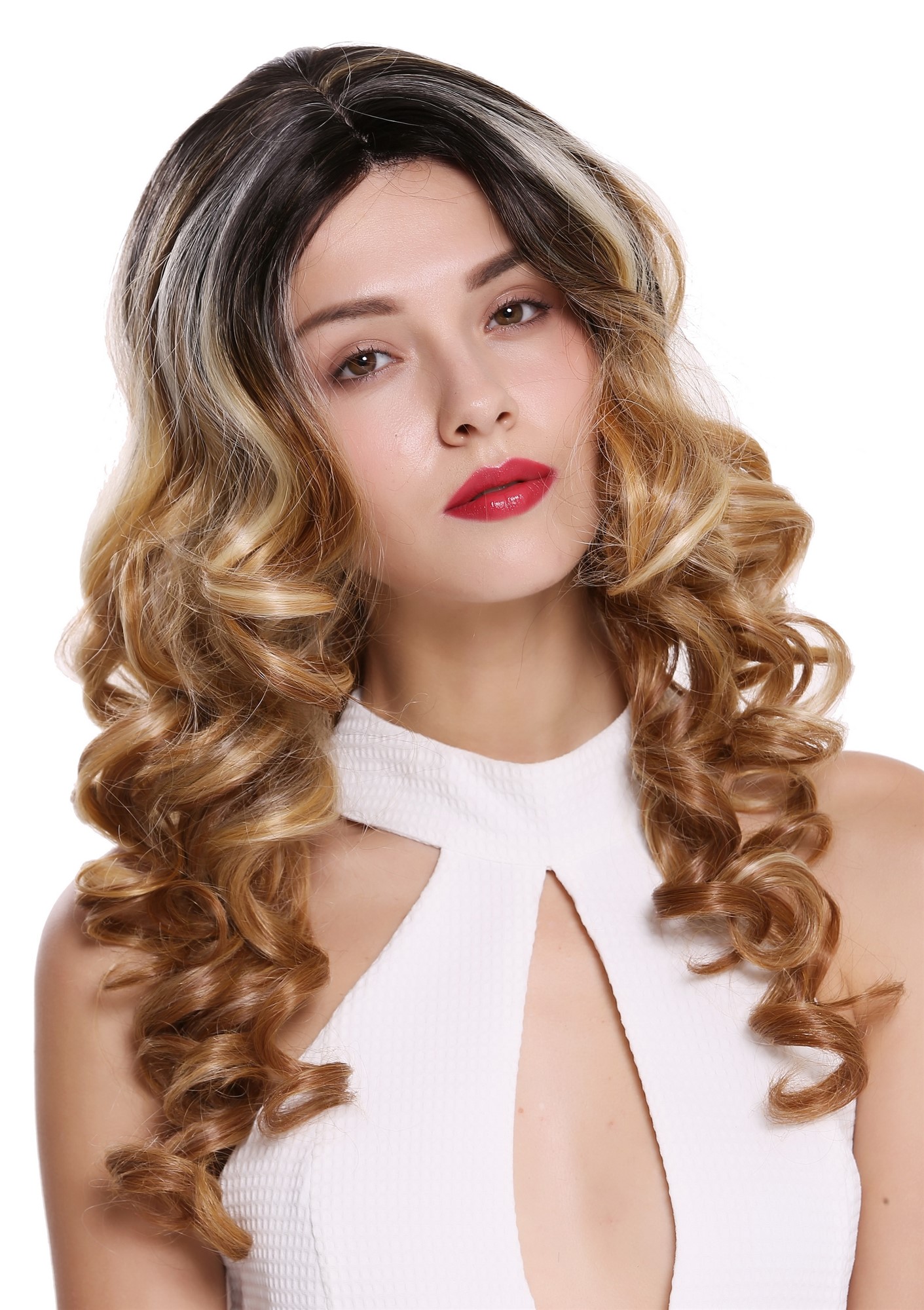 Lady wig lace front middle parting long curls Balayage black blonde platinum, front view, WIG ME UP: Your Perücken Online Shop Quality Wigs, Ladies, copper blonde-platinum blonde-jet black mix, curled, long