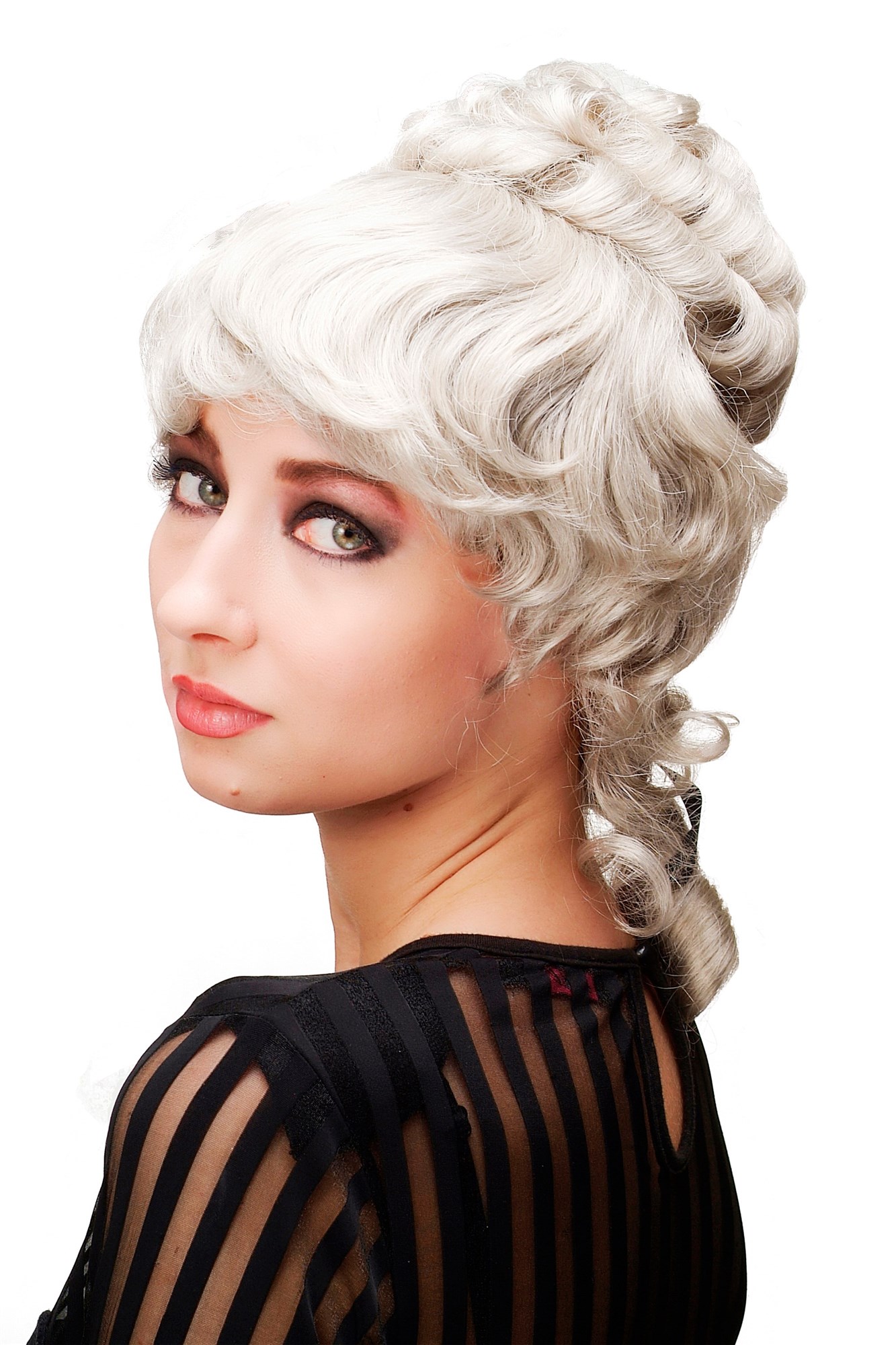 hochwertige Qualitätsperücken, Perücke Turmfrisur Barock Grau L.COLONIAL.Lady-101, Vorderansicht, WIG ME UP: Ihr Perücken Online Shop lockige Tressen-Perücke Grau schulterlange Haare für Damen