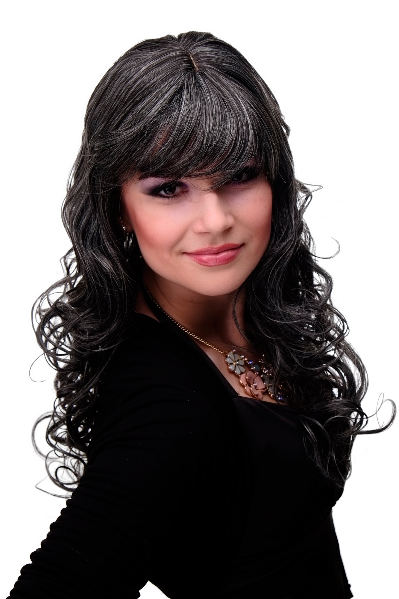 M-103-44 Lady  Wig very long curly curled slightly stringy wetlook fringe dark grey 23" inch, front view, WIG ME UP: Your Perücken Online Shop Quality Wigs, Ladies, dark brown-gray mix, curled, long
