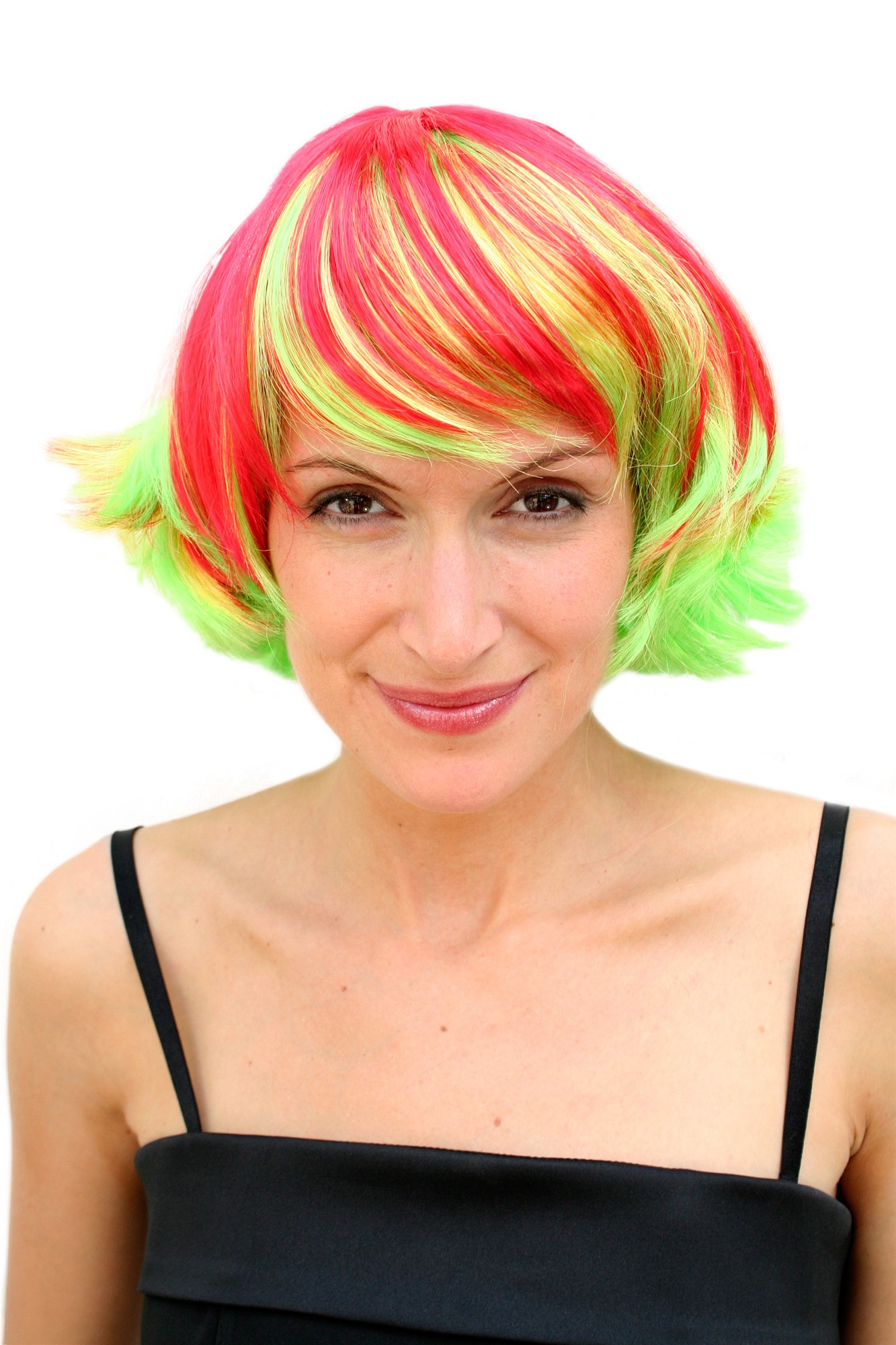 Party/Fancy Dress/Halloween Lady WIG Bob fringe short RED & YELLOW strands streaked disco, front view, WIG ME UP: Your Perücken Online Shop Party Wig, Ladies, red yellow, wavy, short
