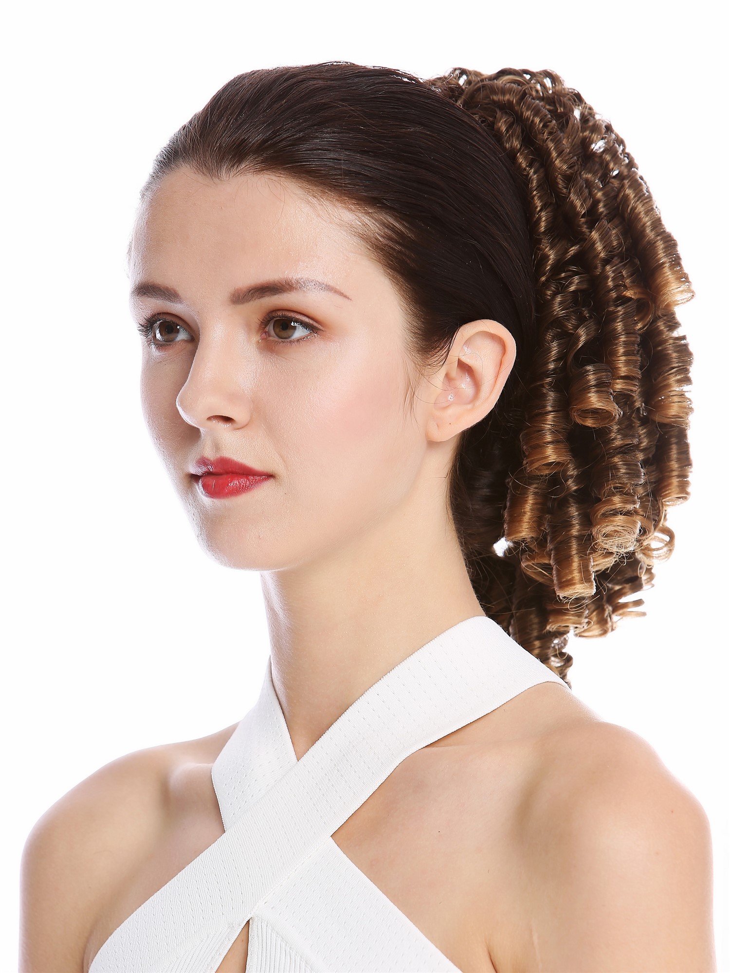 hochwertiger Zopf Pferdeschwanz Korkenzieher-Locken lockig Braun Blond Gesträhnt N900A+2-V-4T27, Ansicht 3, WIG ME UP: Ihr Perücken Online Shop glattes Zopf-Haarteil Braun-Blond-Mix 30 cm lang