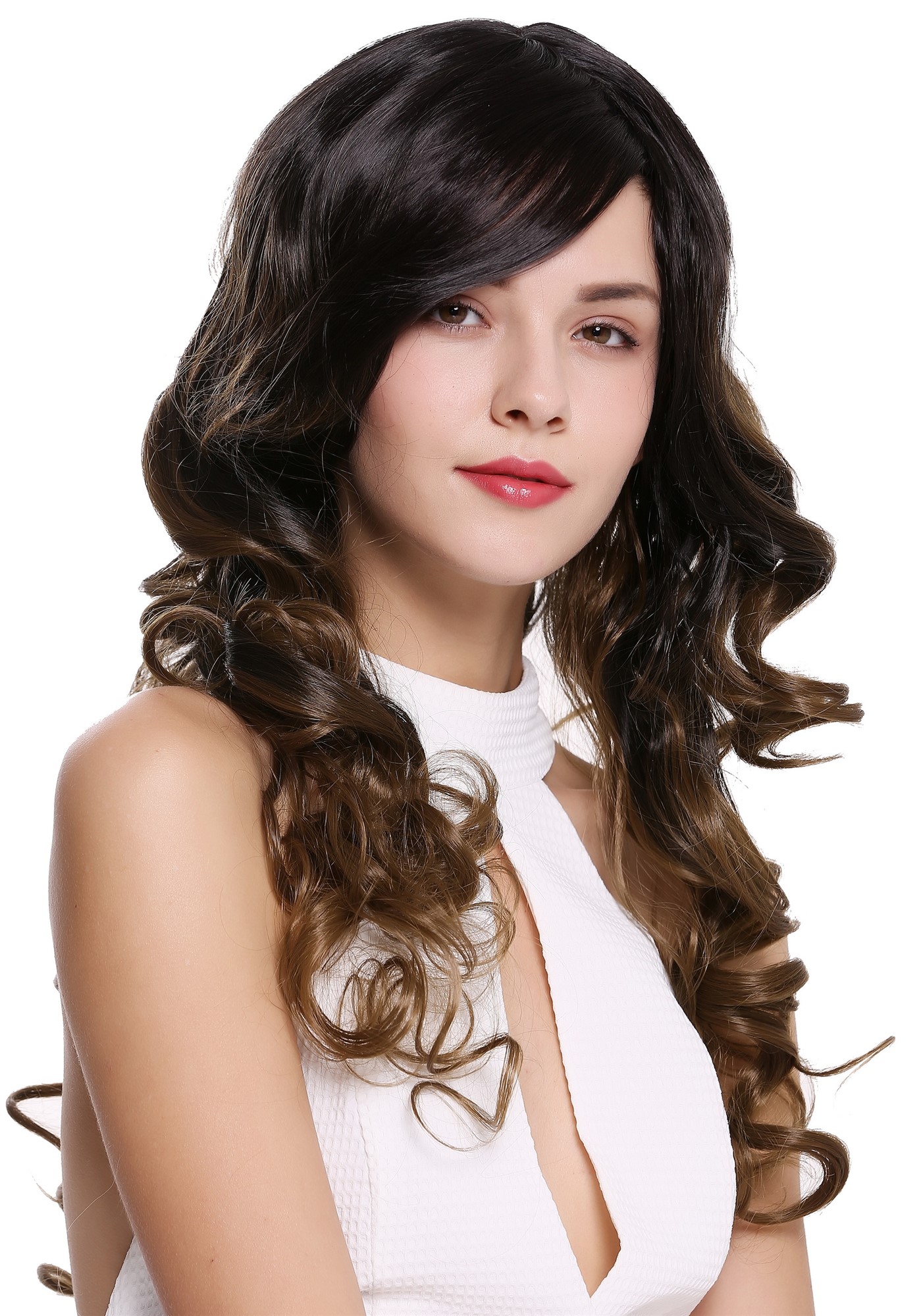 hochwertige Qualitätsperücken, Perücke Locken Lang Schwarz Braun Ombre Mix ZM-1699-M6PR1B, Vorderansicht, WIG ME UP: Ihr Perücken Online Shop lockige Tressen-Perücke mit Kopfhaut-Imitat Schwarz Braun Ombre Mix lange Haare für Damen