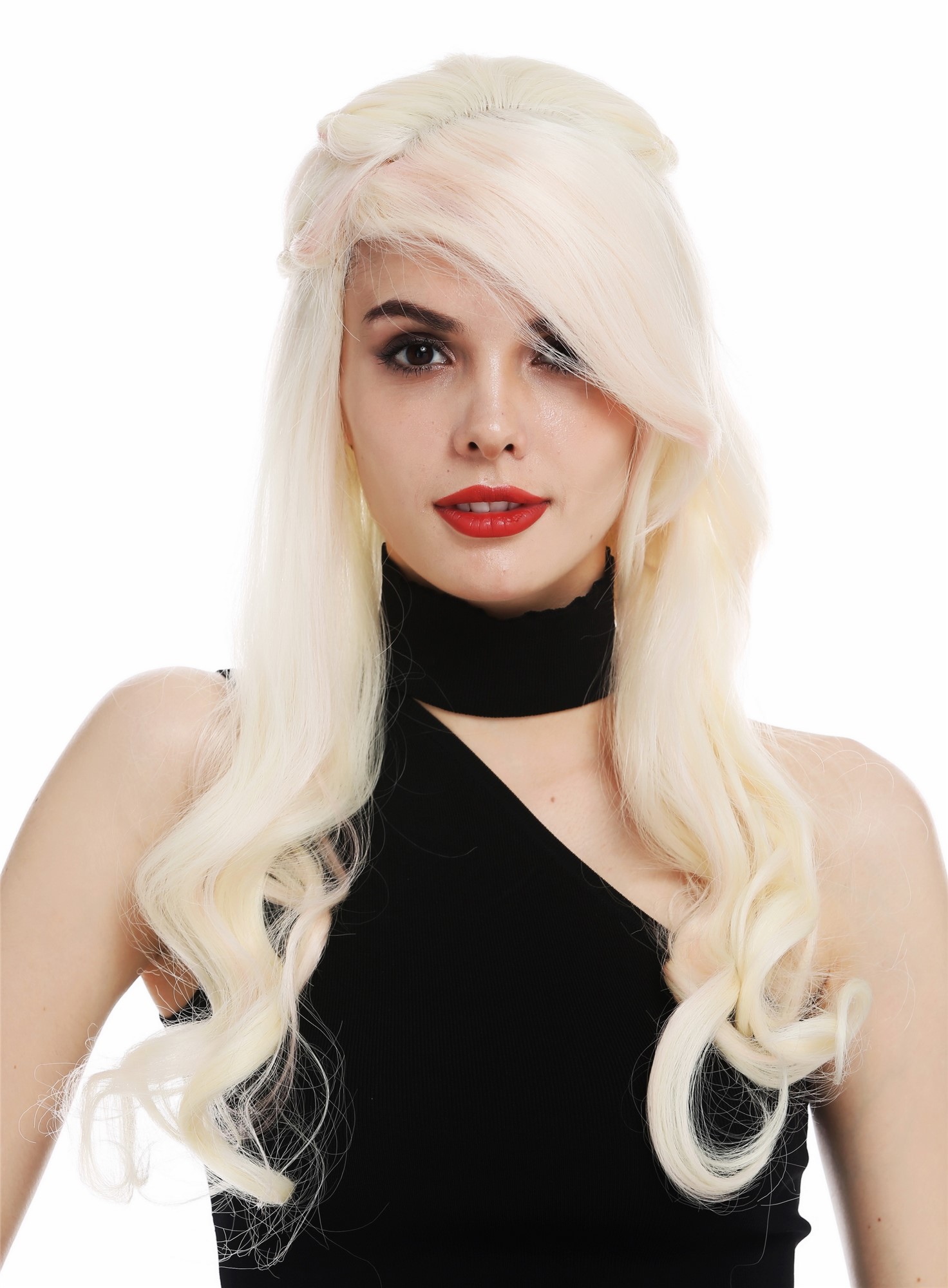 hochwertige Qualitätsperücken, Perücke lang geflochten Platin Blond Rosa WL-5013TP-613FT2333, Ansicht 5, WIG ME UP: Ihr Perücken Online Shop geflochtene Tressen-Perücke mit Kopfhaut-Imitat Blond-Rosa-Mix lange Haare für Damen