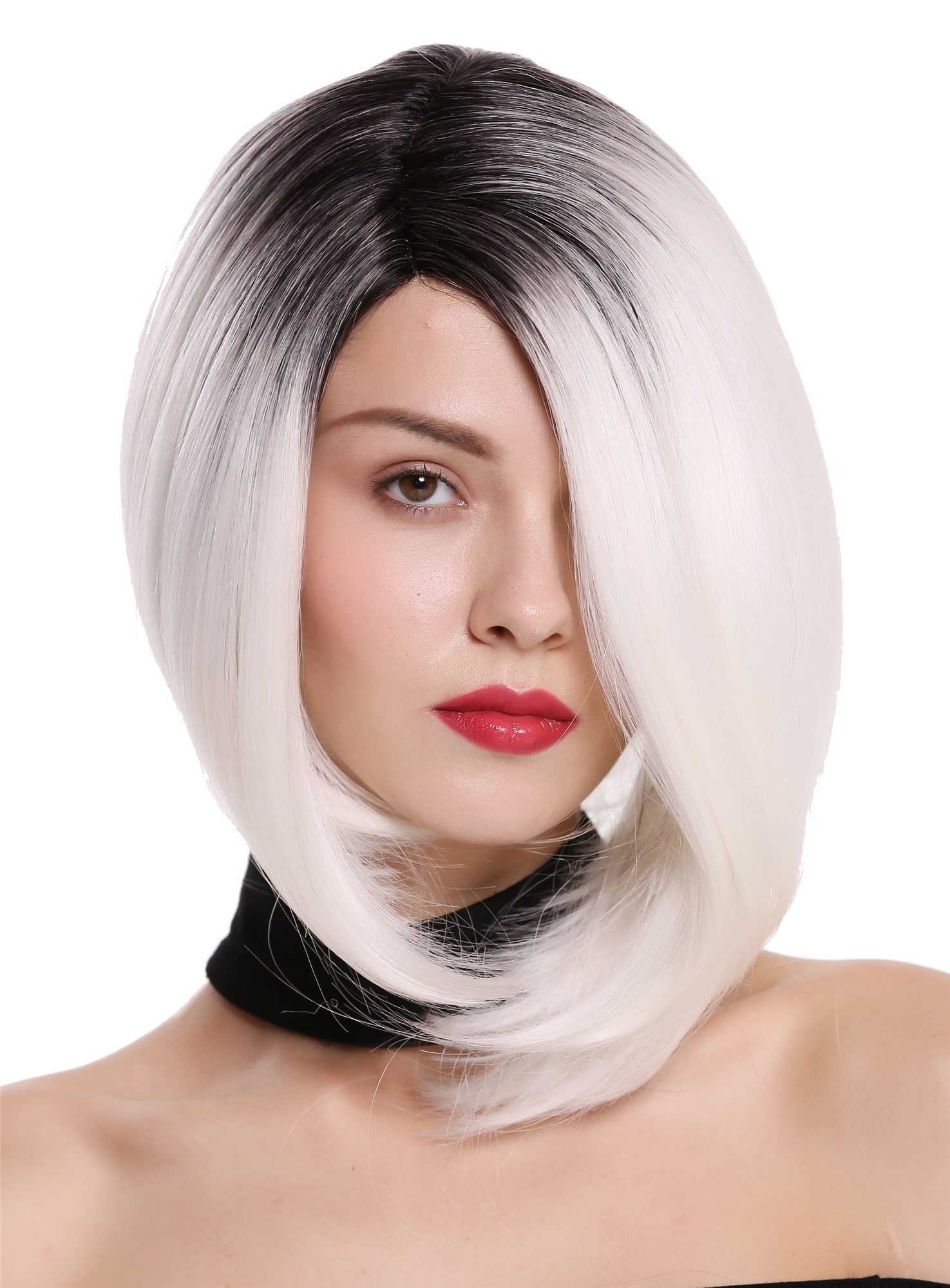 Quality Wigs, Ladies, deep black and flower white mix, straight, shoulder-length