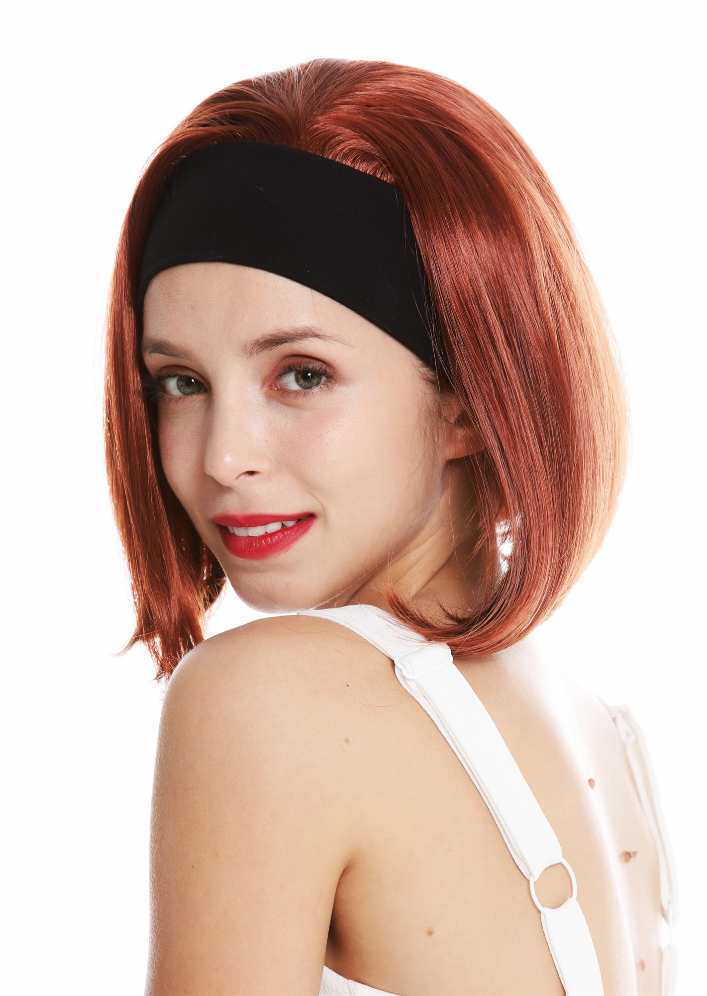 hochwertige Qualitätsperücken, Perücke Kurz Stirnband Retro Kupfer Rot GFW948-H-130, Ansicht 3, WIG ME UP: Ihr Perücken Online Shop glatte Tressen-Perücke mit Gummizug und Stirnband Kupferrot kurze Haare für Damen