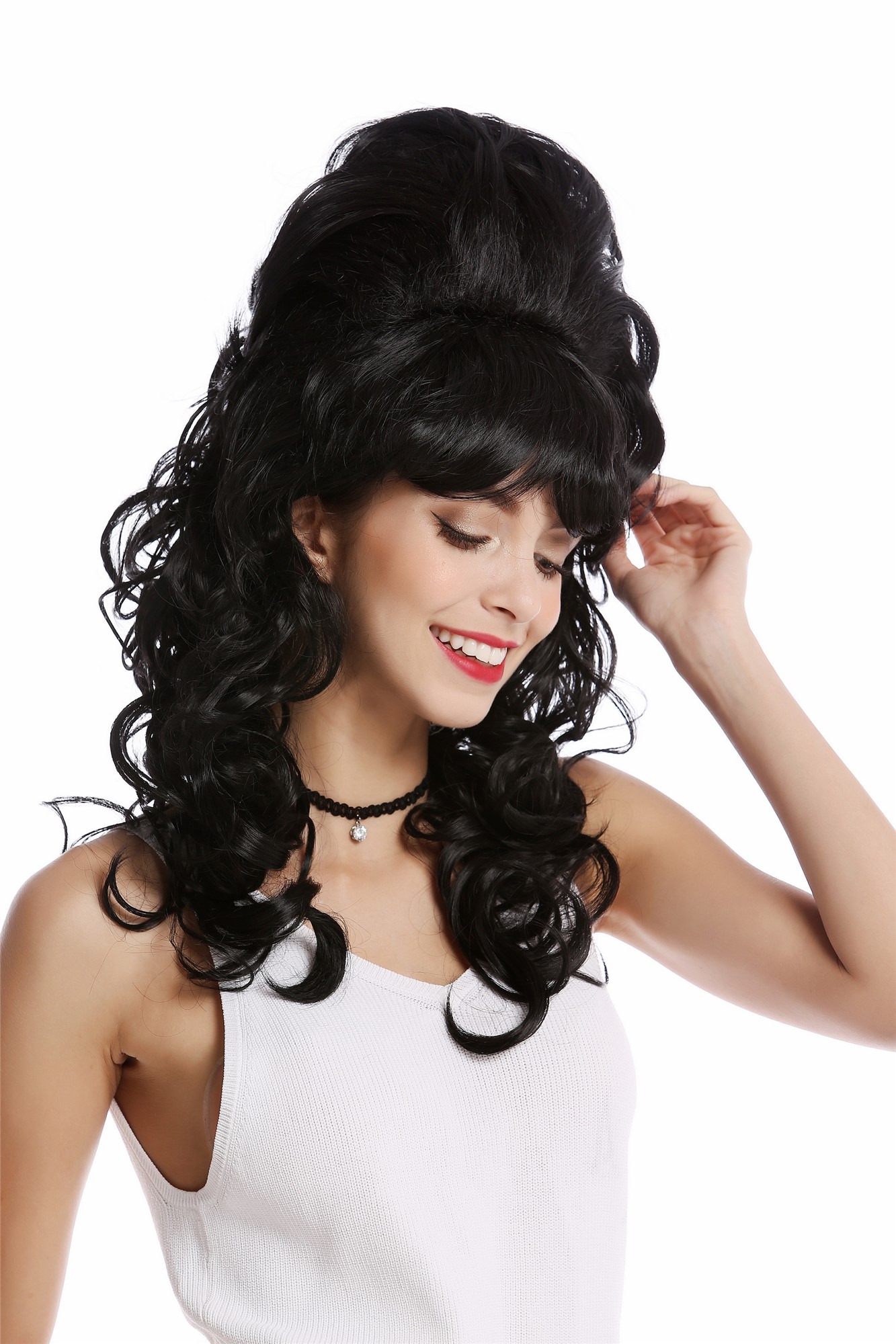 hochwertige Qualitätsperücken, Perücke 60er Retro Hochsteckfrisur Beehive Schwarz GF-W2418-1B, Vorderansicht, WIG ME UP: Ihr Perücken Online Shop lockige Tressen-Perücke Samtschwarz lange Haare für Damen