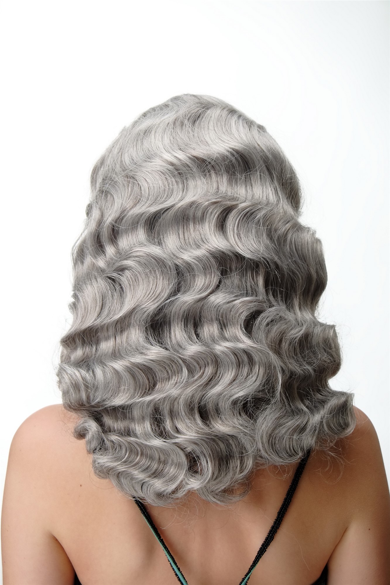 Quality Wigs, Ladies, silver gray with a small amount of black, wavy, shoulder-length