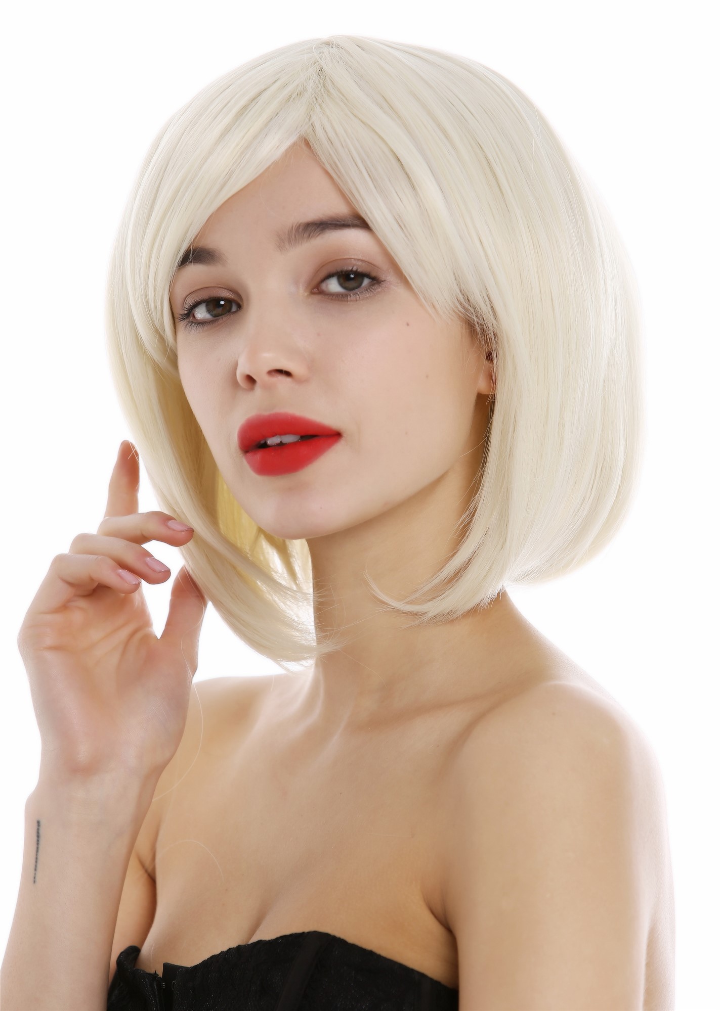 hochwertige Qualitätsperücken, Perücke Damen Long Bob Longbob mit Scheitel volles Haar Hellblond 1215-303/220, Vorderansicht, WIG ME UP: Ihr Perücken Online Shop glatte Tressen-Perücke mit Kopfhaut-Imitat Platinblond kurze Haare für Damen
