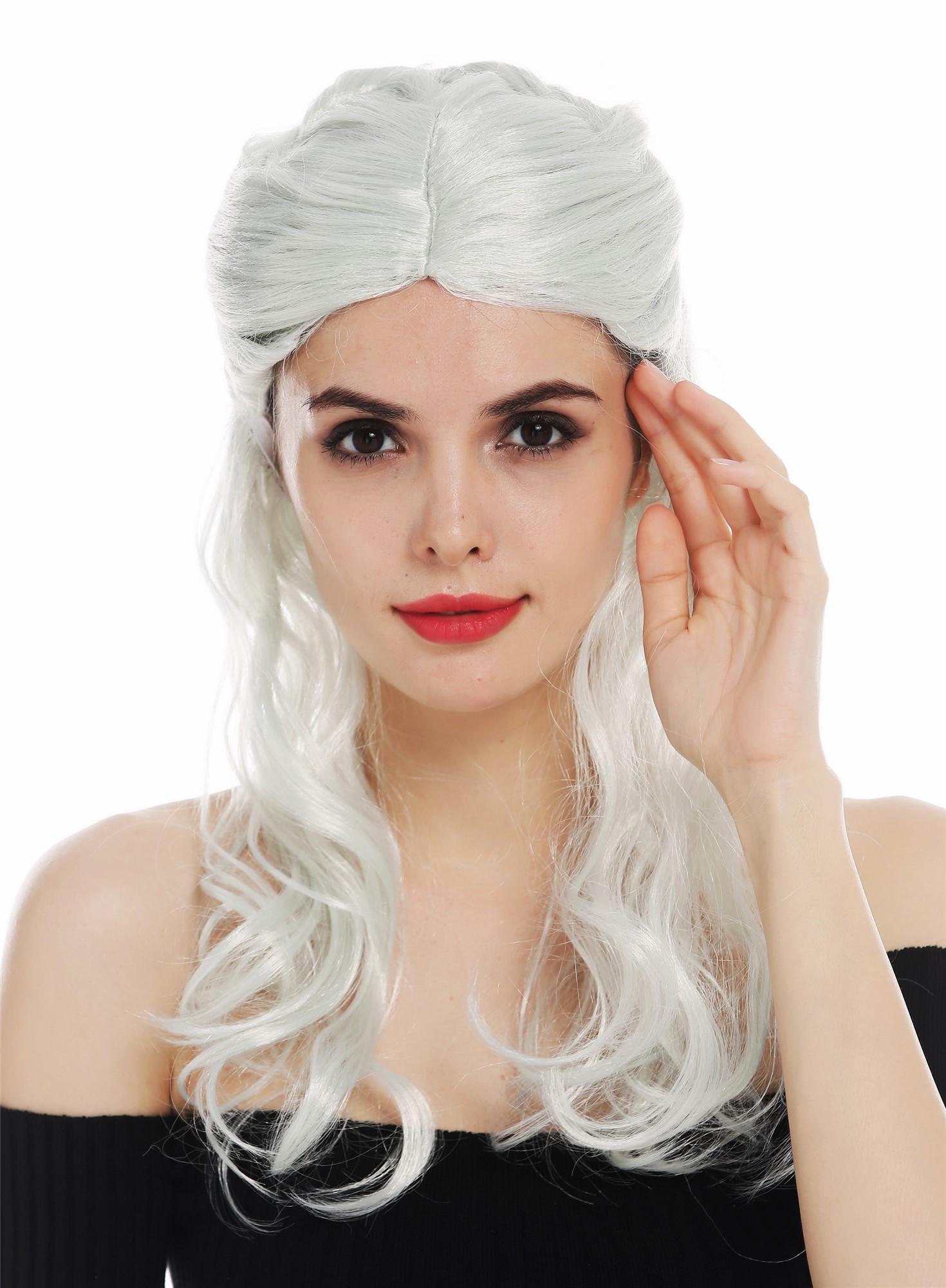 Wig carnival women Halloween long plaited silver white grey fantasy LARP 31955, view 2, WIG ME UP: Your Perücken Online Shop Party Wig, Ladies, white-gray-lime green mix, Braided, shoulder-length