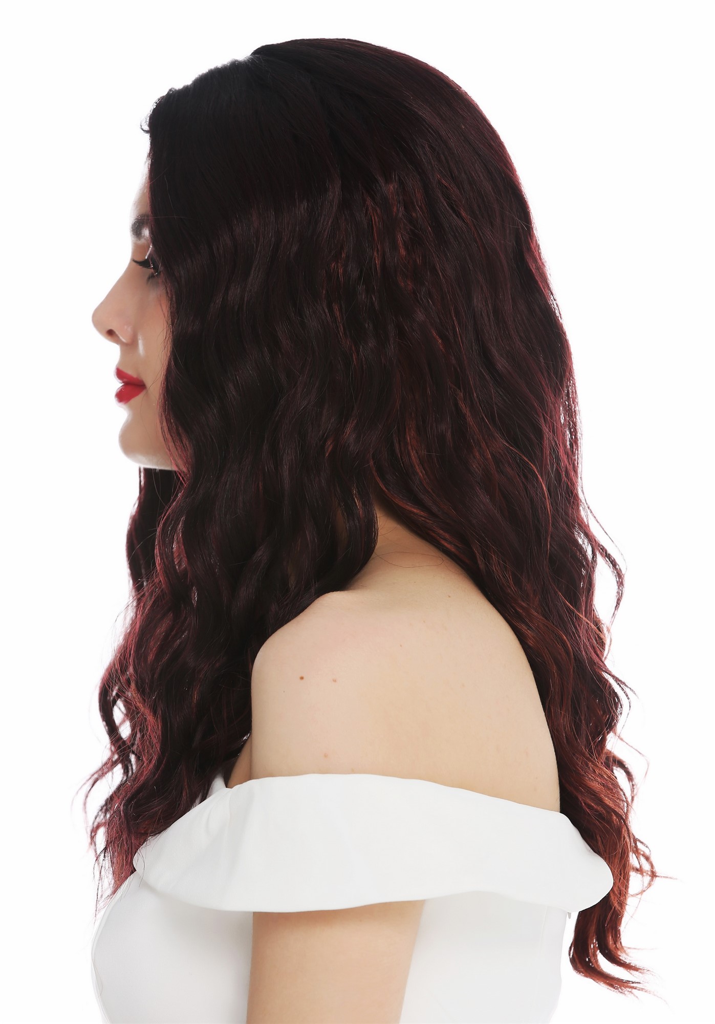 Women's wig ladies long wavy water wave middle parting black red highlights VK-9, front view, WIG ME UP: Your Perücken Online Shop Quality Wigs, Ladies, black-red mix, wavy, long
