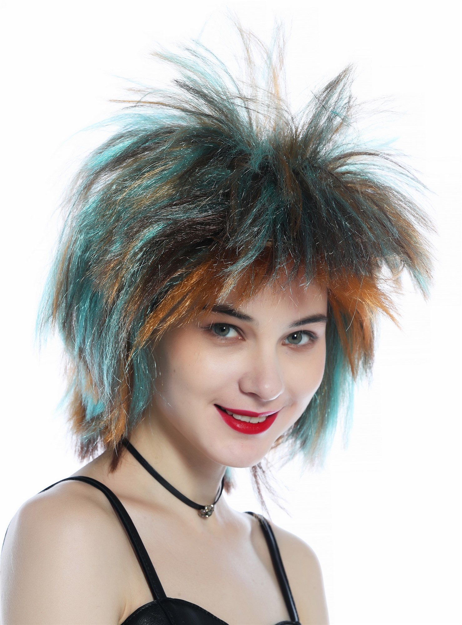 günstige Party Perücke, Perücke Punk Wave Braun bunte Strähnen hoch toupiert 80s 210165-FR36-4-98, Ansicht 2, WIG ME UP: Ihr Perücken Online Shop glatte Party Perücke Kupfer, Kastanie, Türkis bunt gesträhnt schulterlange Haare Unisex