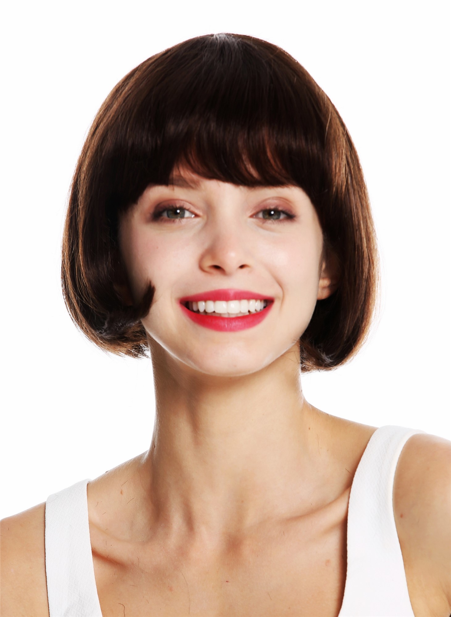 hochwertige Qualitätsperücken, Perücke Echthaar kurz Bob glatt Pony Braun VK-57-HH-6, Vorderansicht, WIG ME UP: Ihr Perücken Online Shop glatte Tressen-Perücke Echthaar Braun kurze Haare für Damen