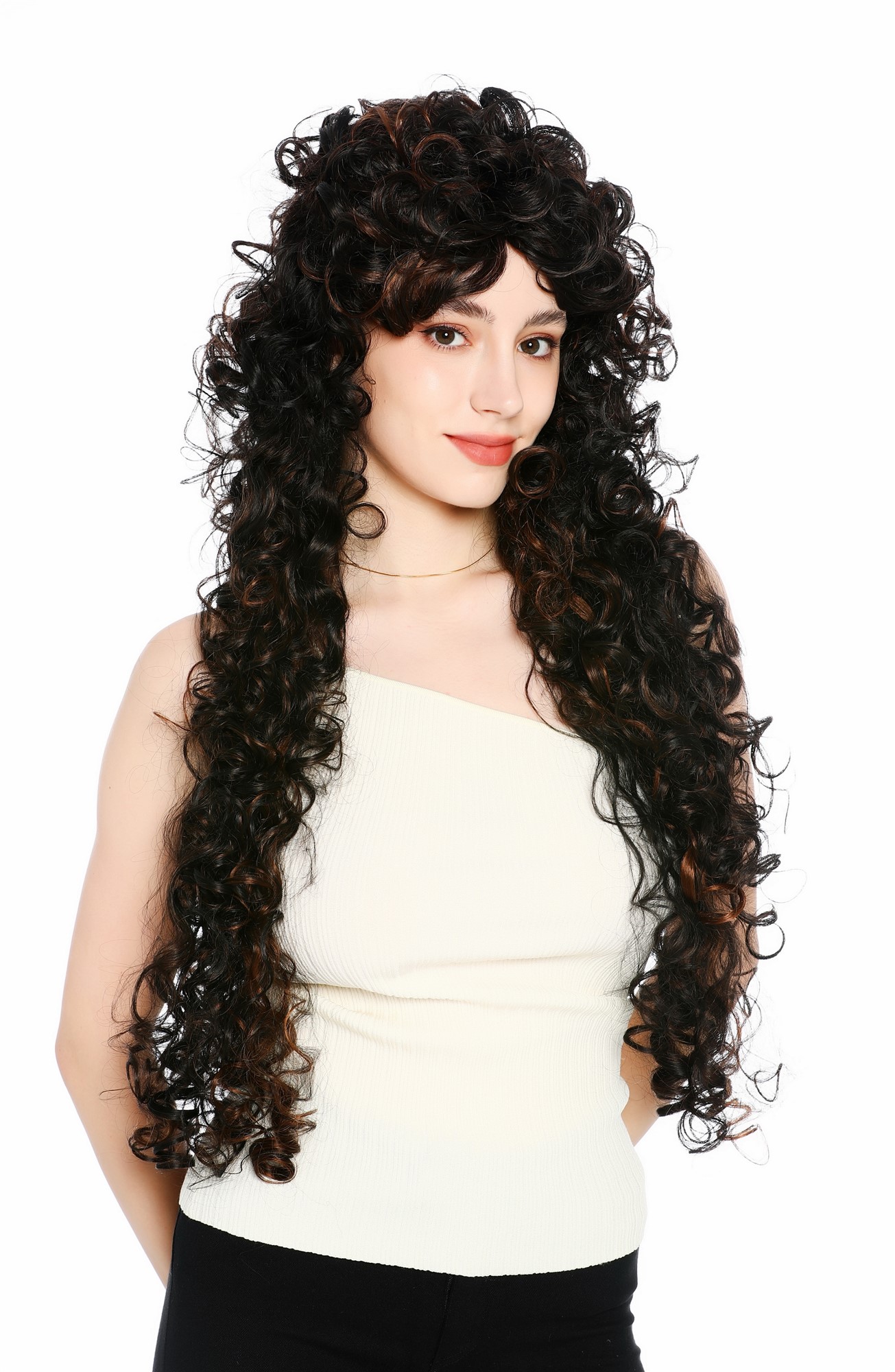 Perücke Damen sehr lang wild gelockt Locken Dunkelbraun Kupferbraun gesträhnt VVK-59-2H30